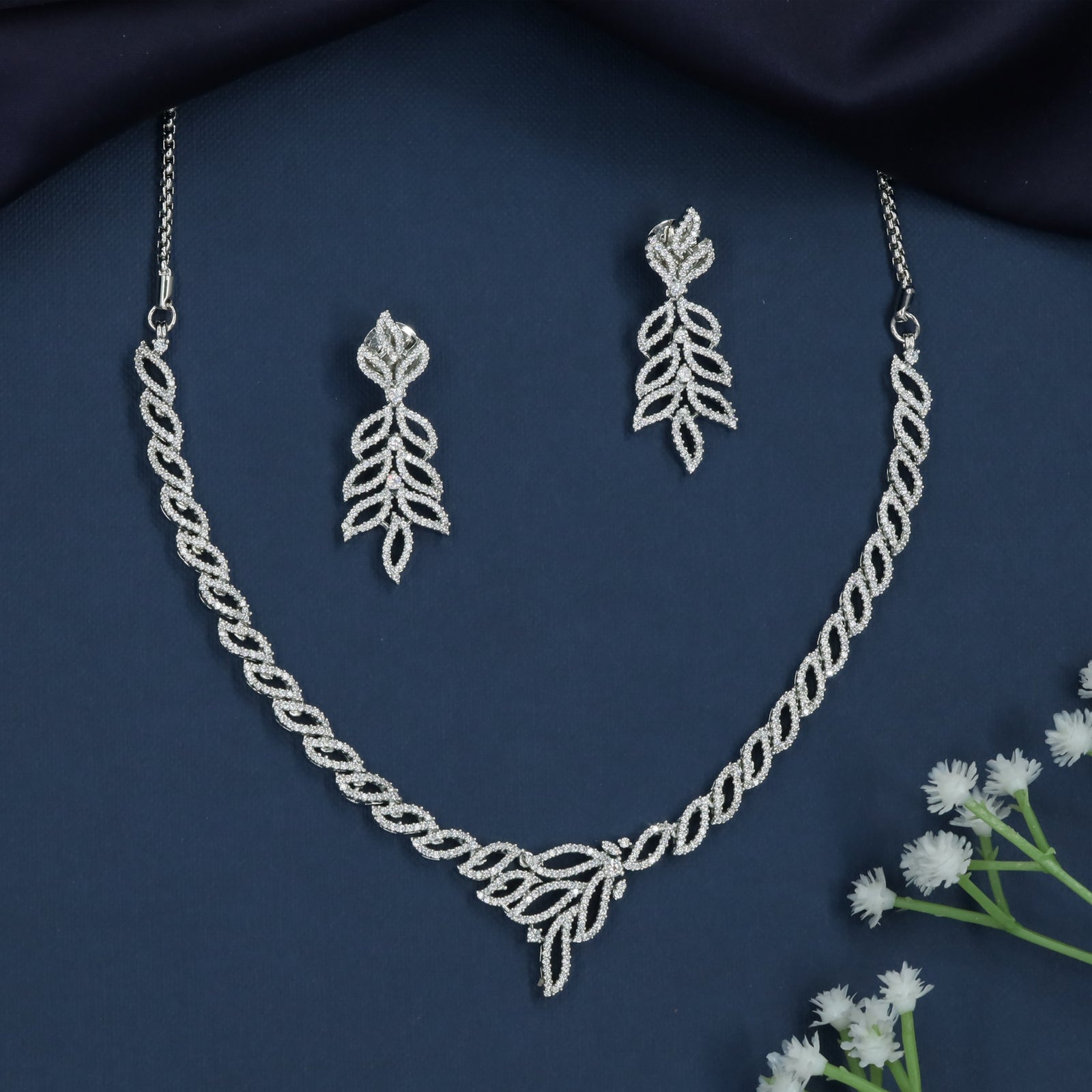 Floral Weave Necklace with Curved Marquise Link Layout