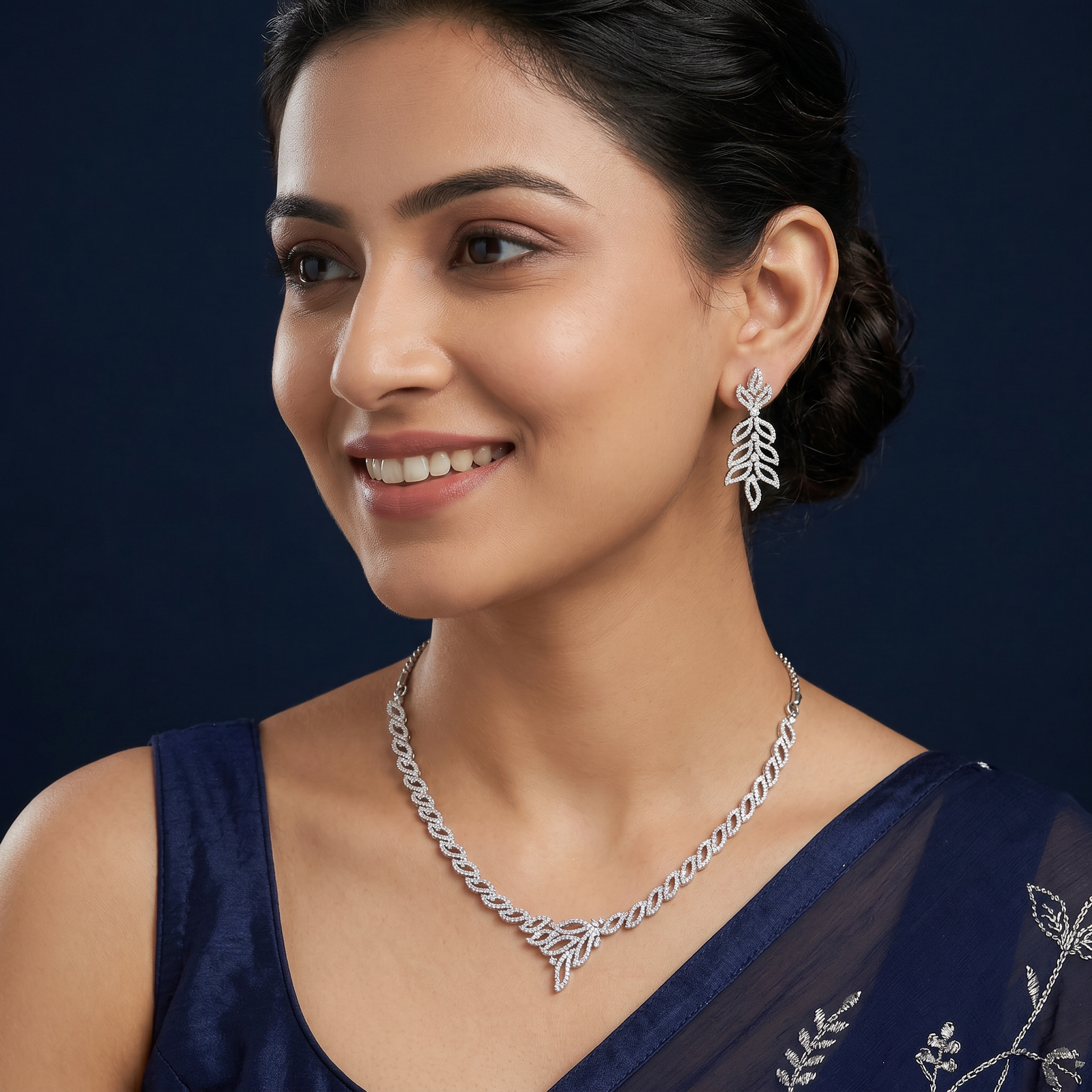 Floral Weave Necklace with Curved Marquise Link Layout