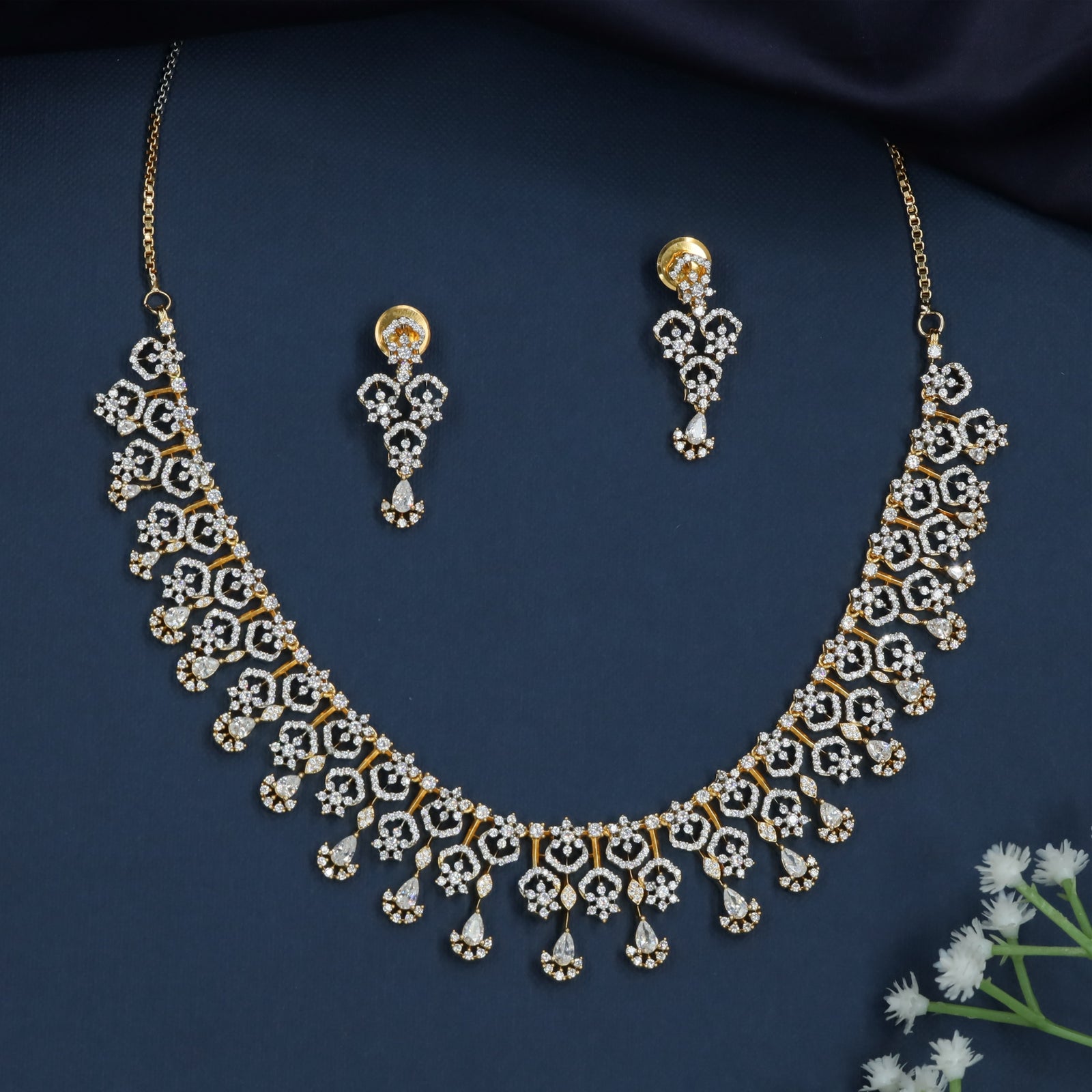 Looped Border Necklace with Hanging Floral Clusters