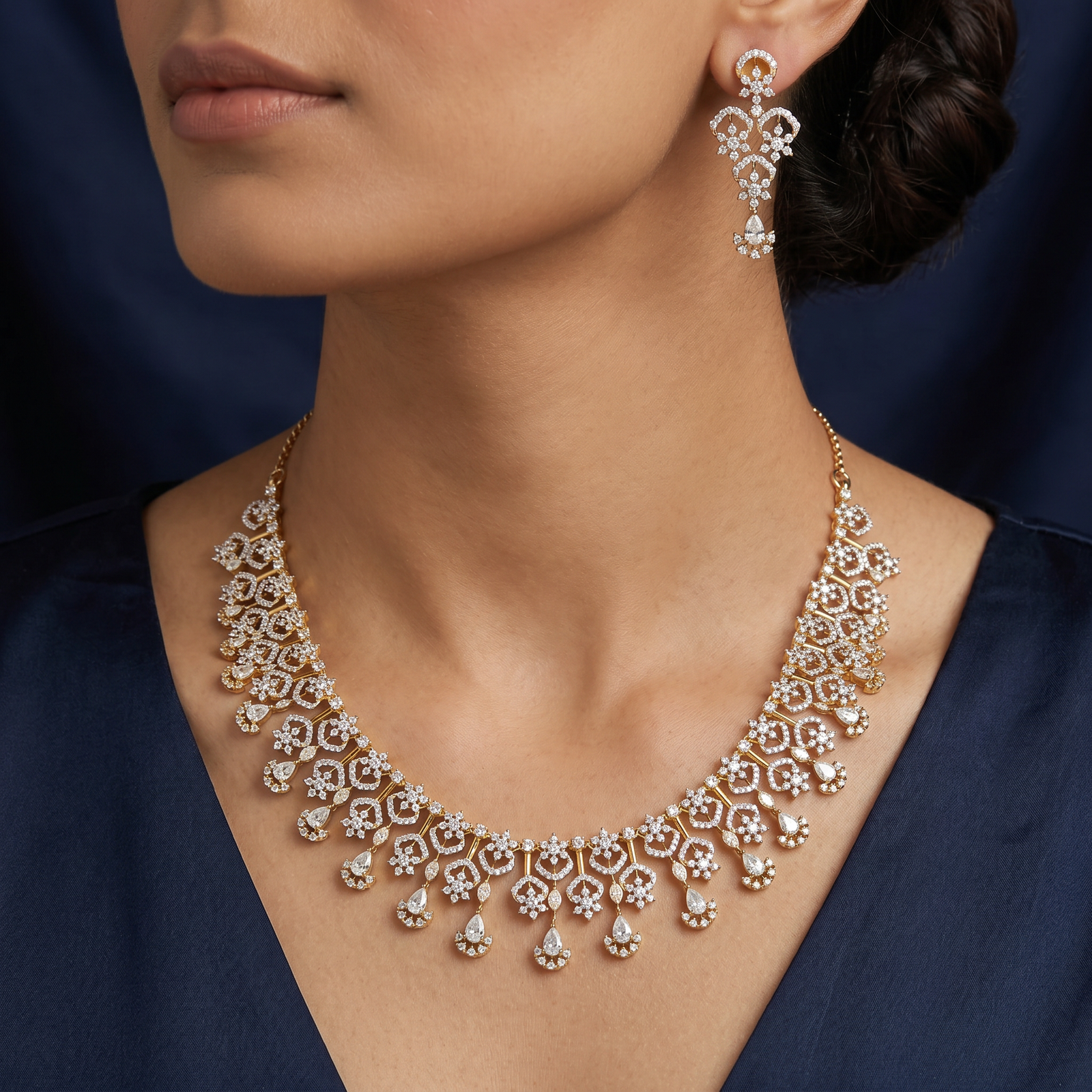 Looped Border Necklace with Hanging Floral Clusters