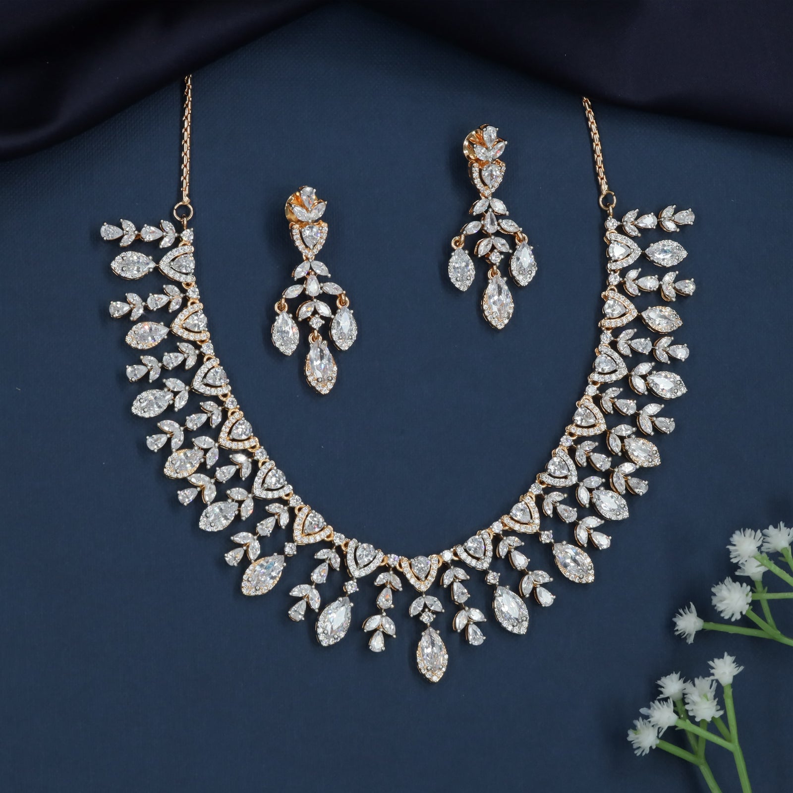 Leaf Cascade Necklace with Hanging Drop Clusters