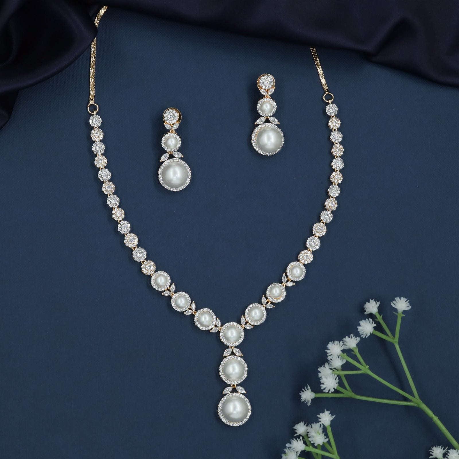 Pearl Drop Necklace with Circular Border Connectors
