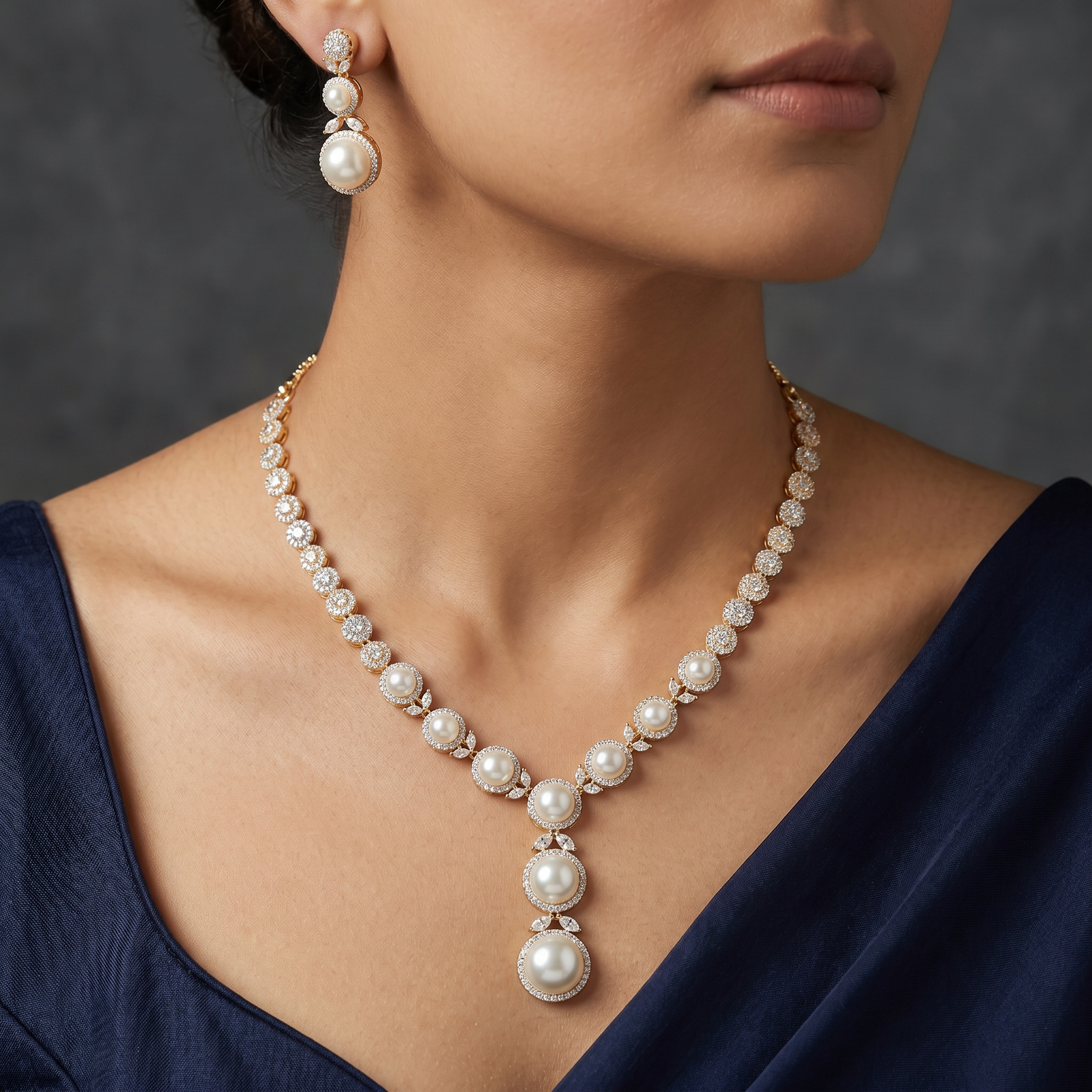 Pearl Drop Necklace with Circular Border Connectors