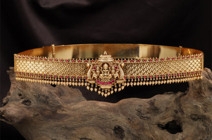 Cross weave antique dabu with central shrine form and clustered bead hangings