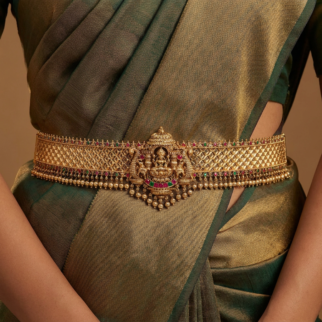 Cross weave antique dabu with central shrine form and clustered bead hangings
