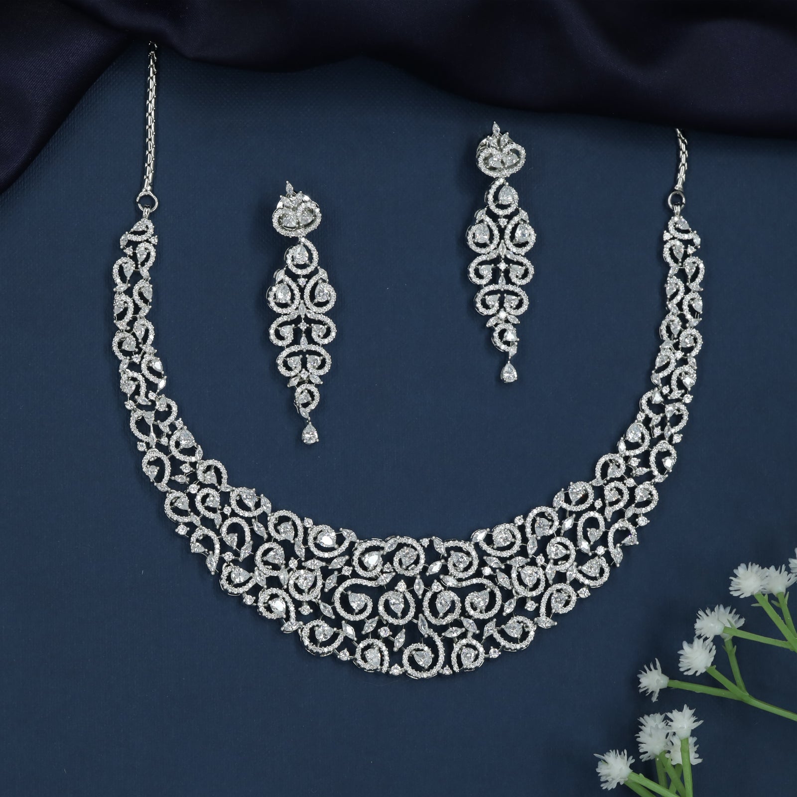 Marquise Scroll Necklace with Structured Openwork Flow