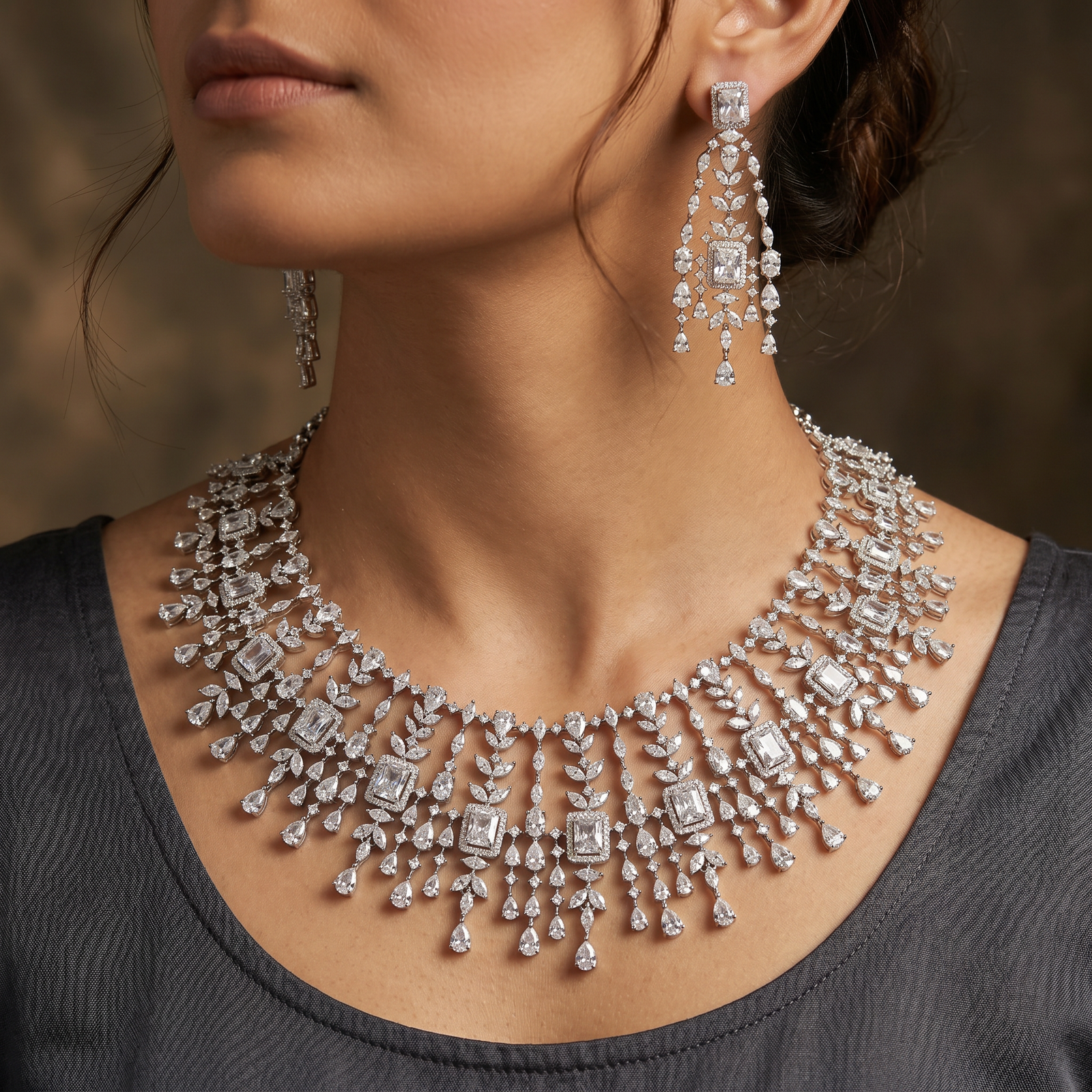 Geometric Fringe Necklace with Cascading Leaf Drops