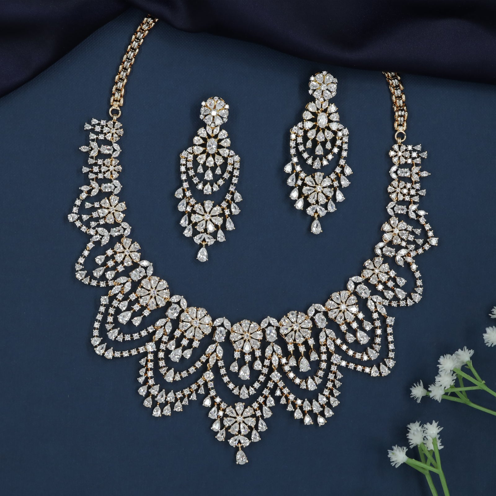 Floral Drape Necklace with Cascading Fringe Borders
