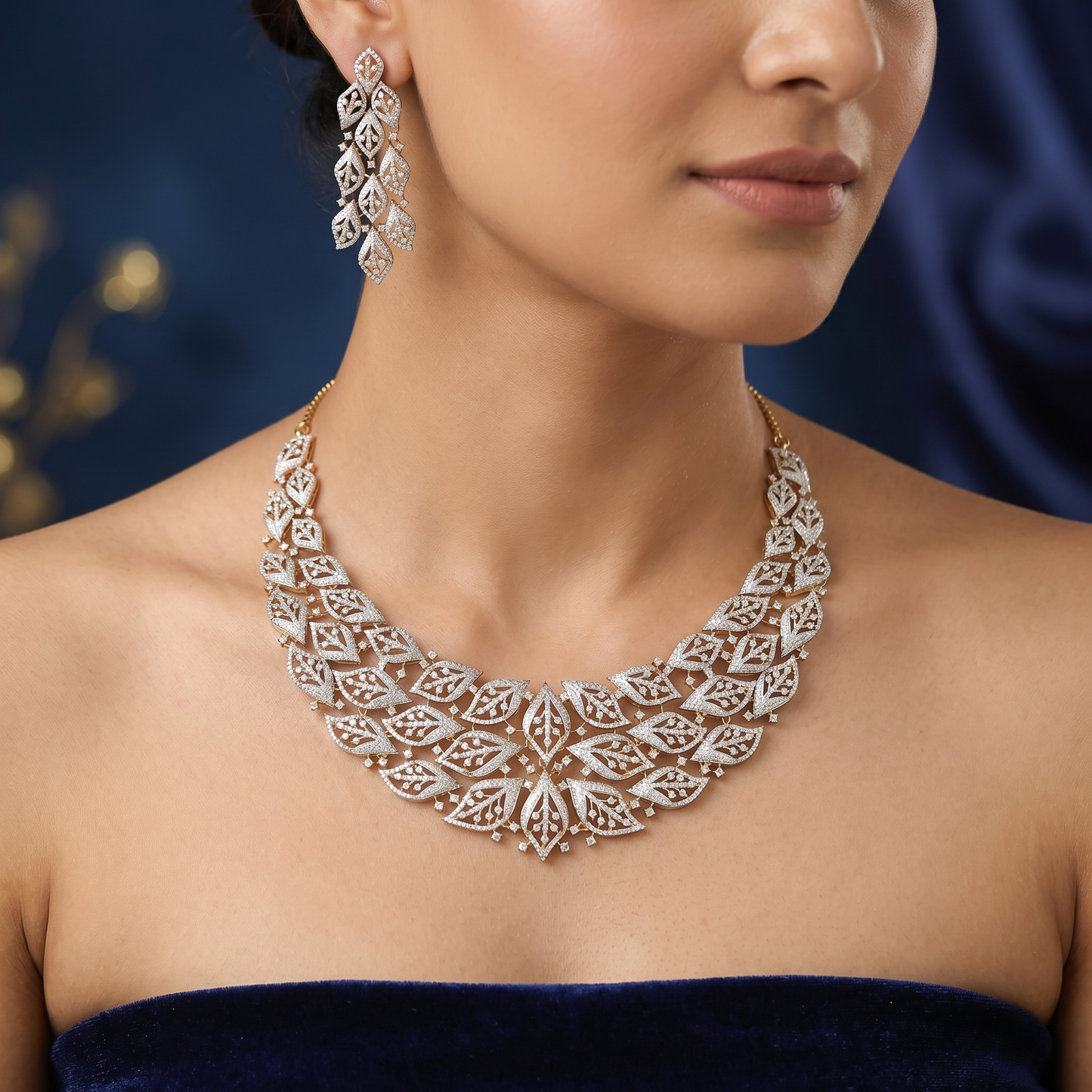 Interwoven Marquise Necklace with Curved Floral Border Flow