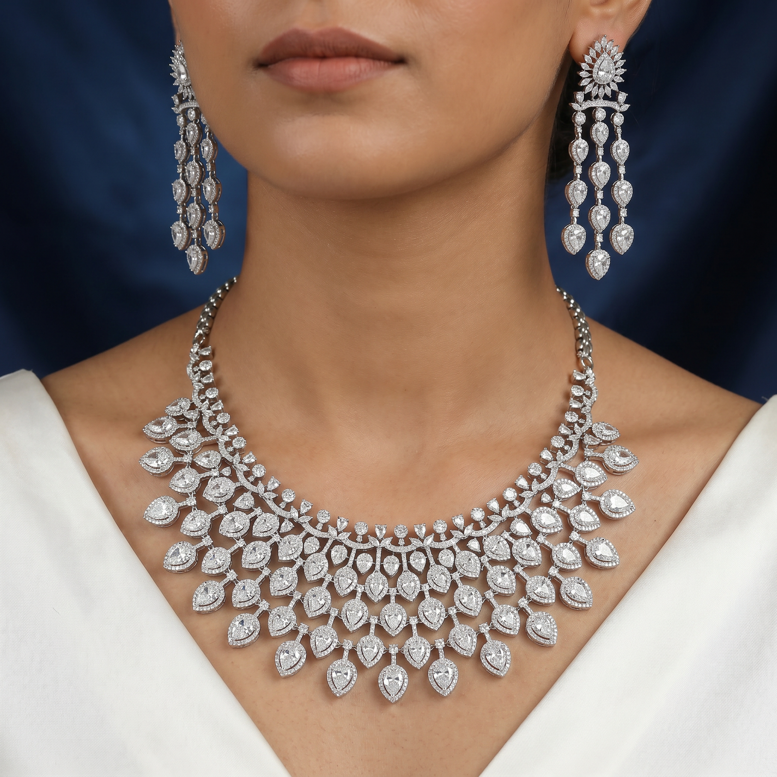 Curved Floral Necklace with Cascading Cluster Pattern