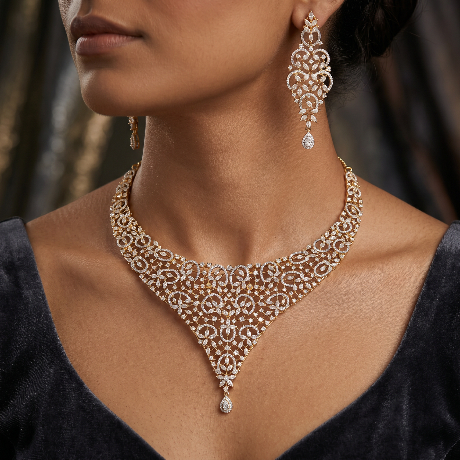 Scroll Mesh Necklace with Tapered Drop Extension