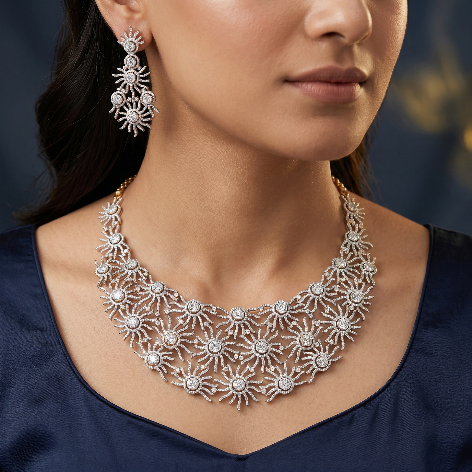 Radiant Disc Necklace with Interwoven Sunburst Layout
