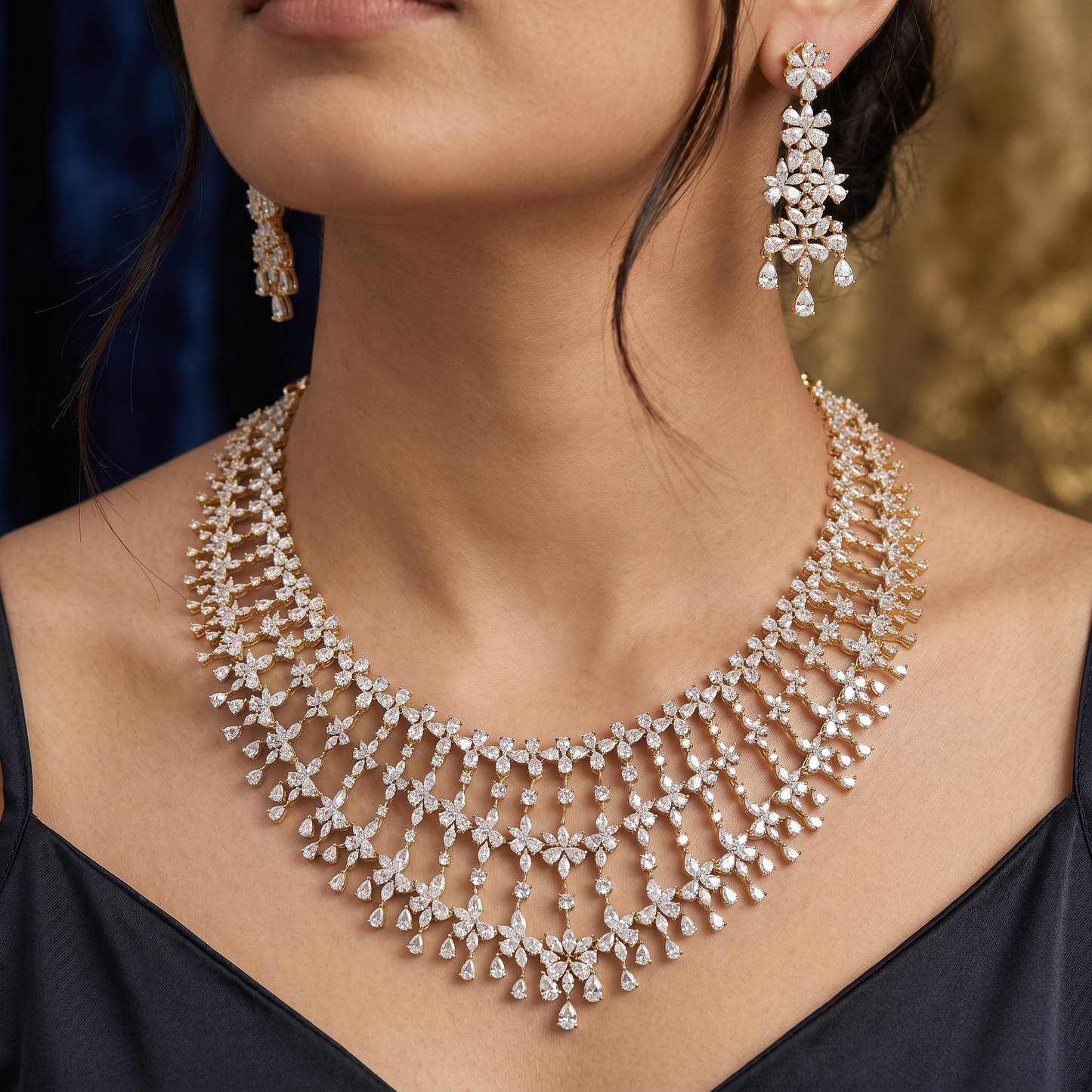 Braided Border Necklace with Hanging Floral Petal Detailing