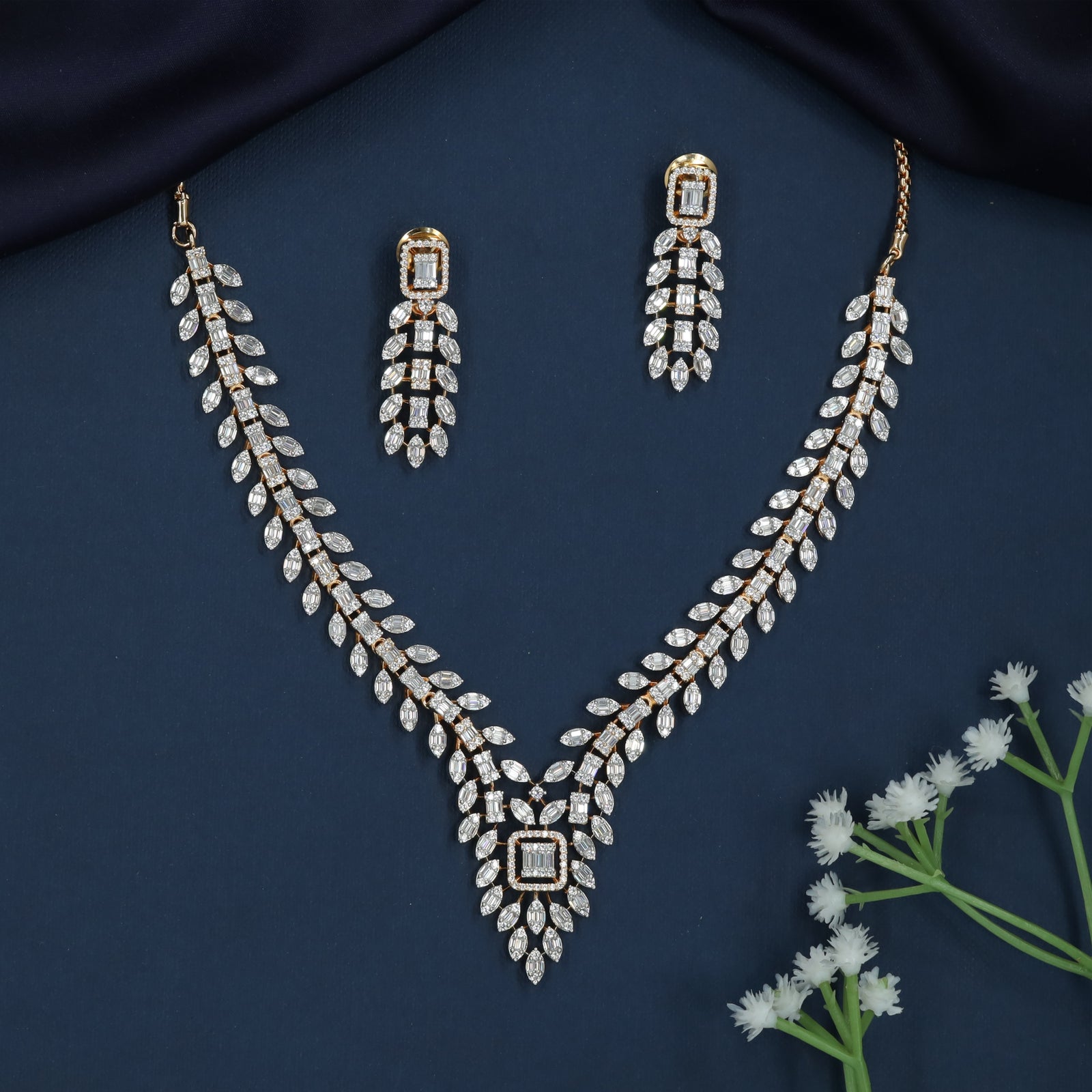 Leaf Vine Necklace with Geometric Center Accent