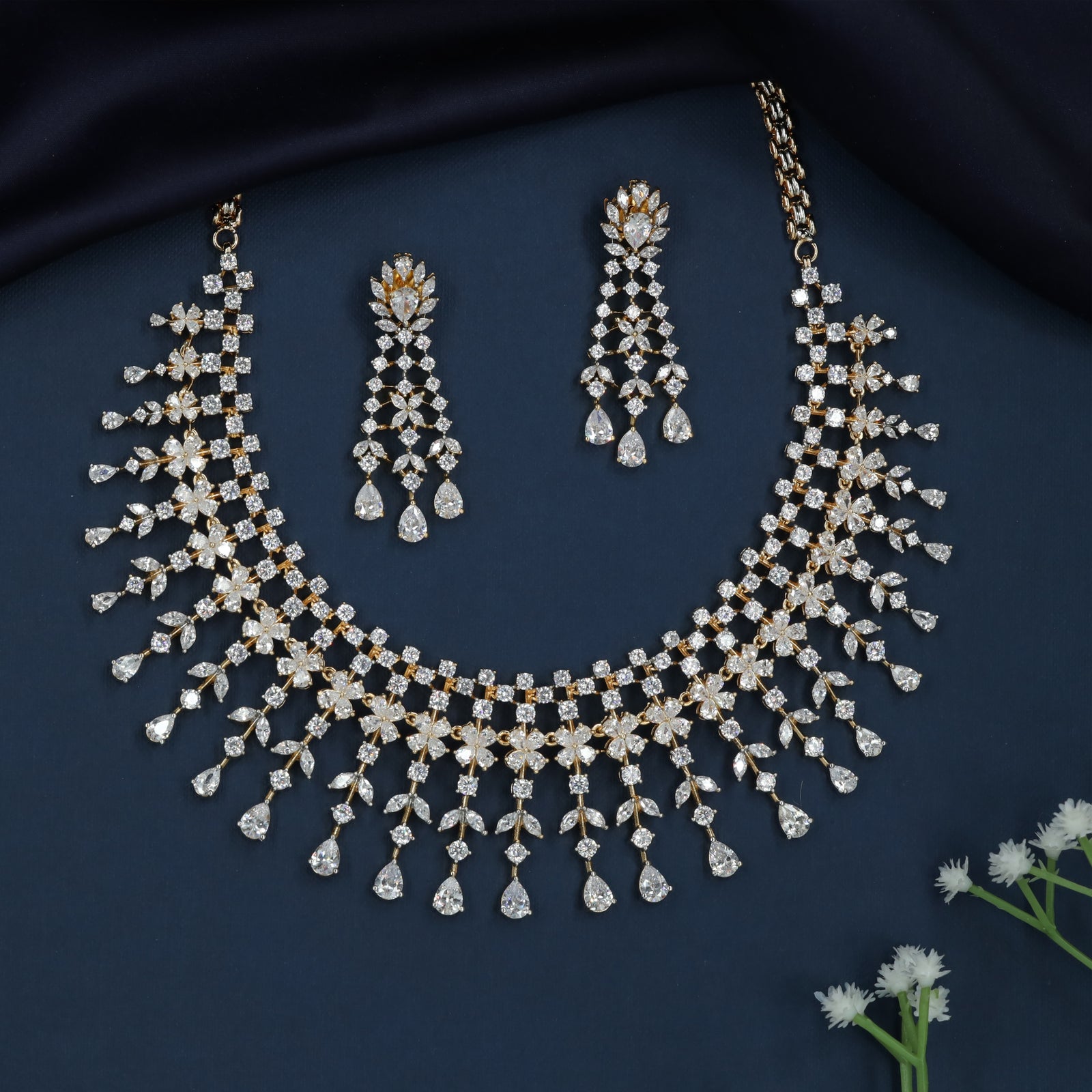 Checkered Fringe Necklace with Cascading Floral Drops