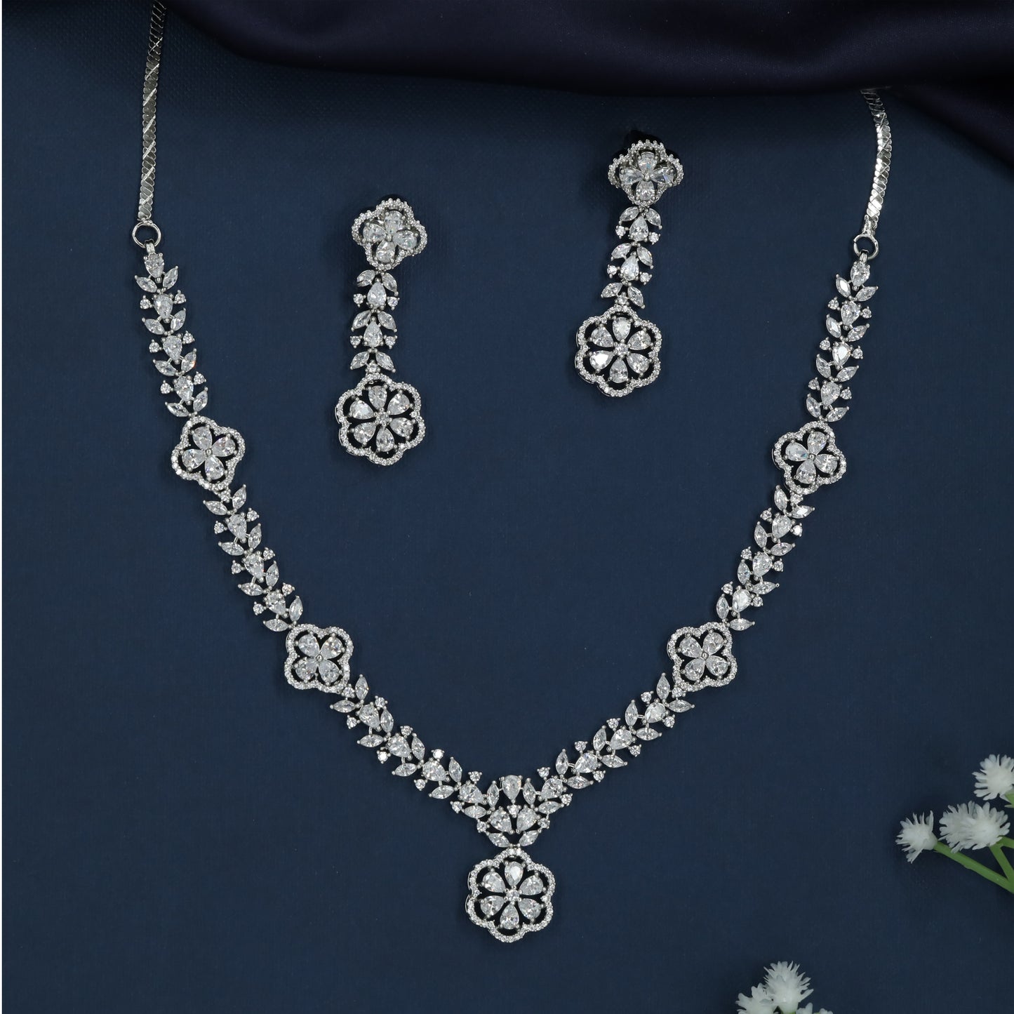 Petal Garland Rhodium Necklace with Leaf Border Styling