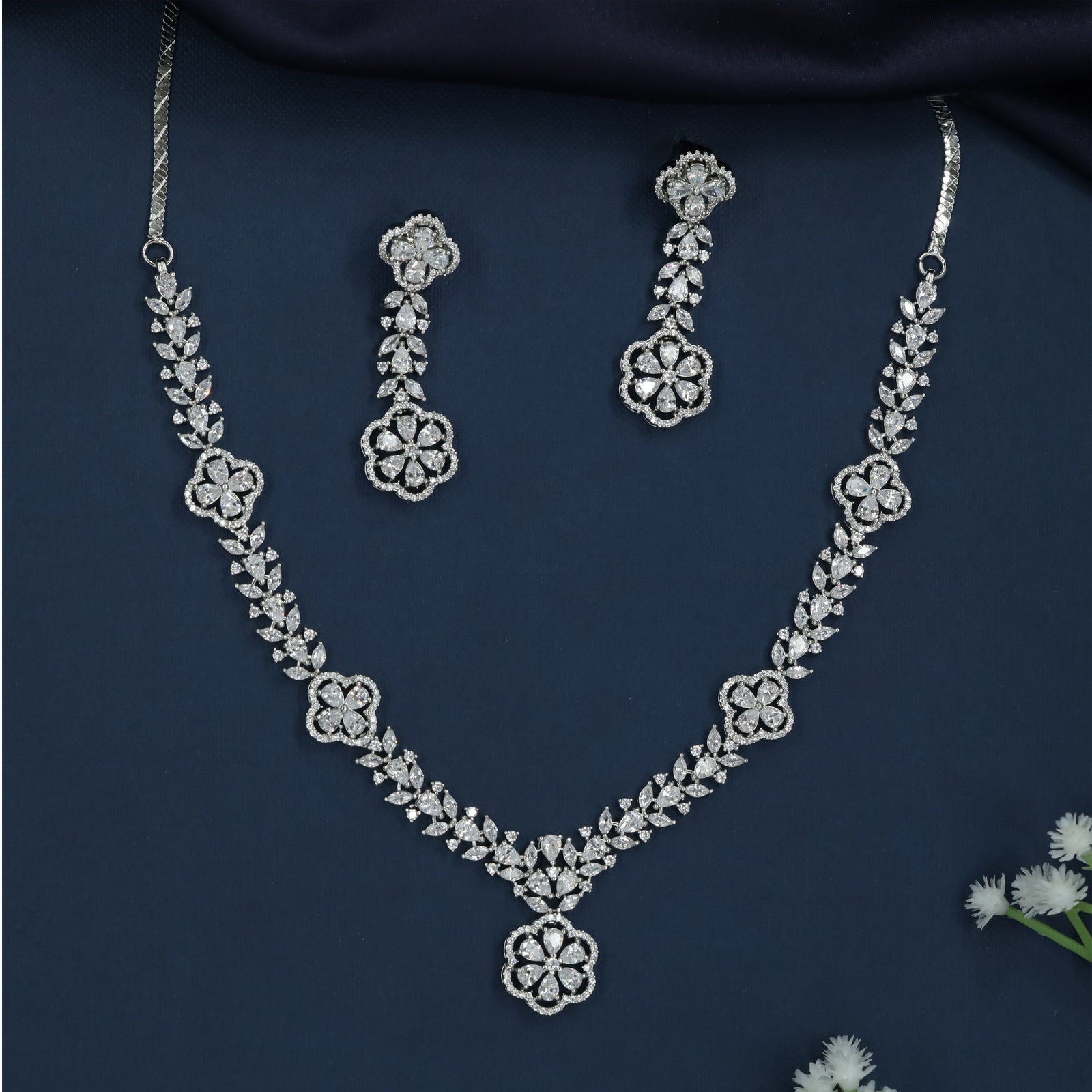 Petal Garland Rhodium Necklace with Leaf Border Styling