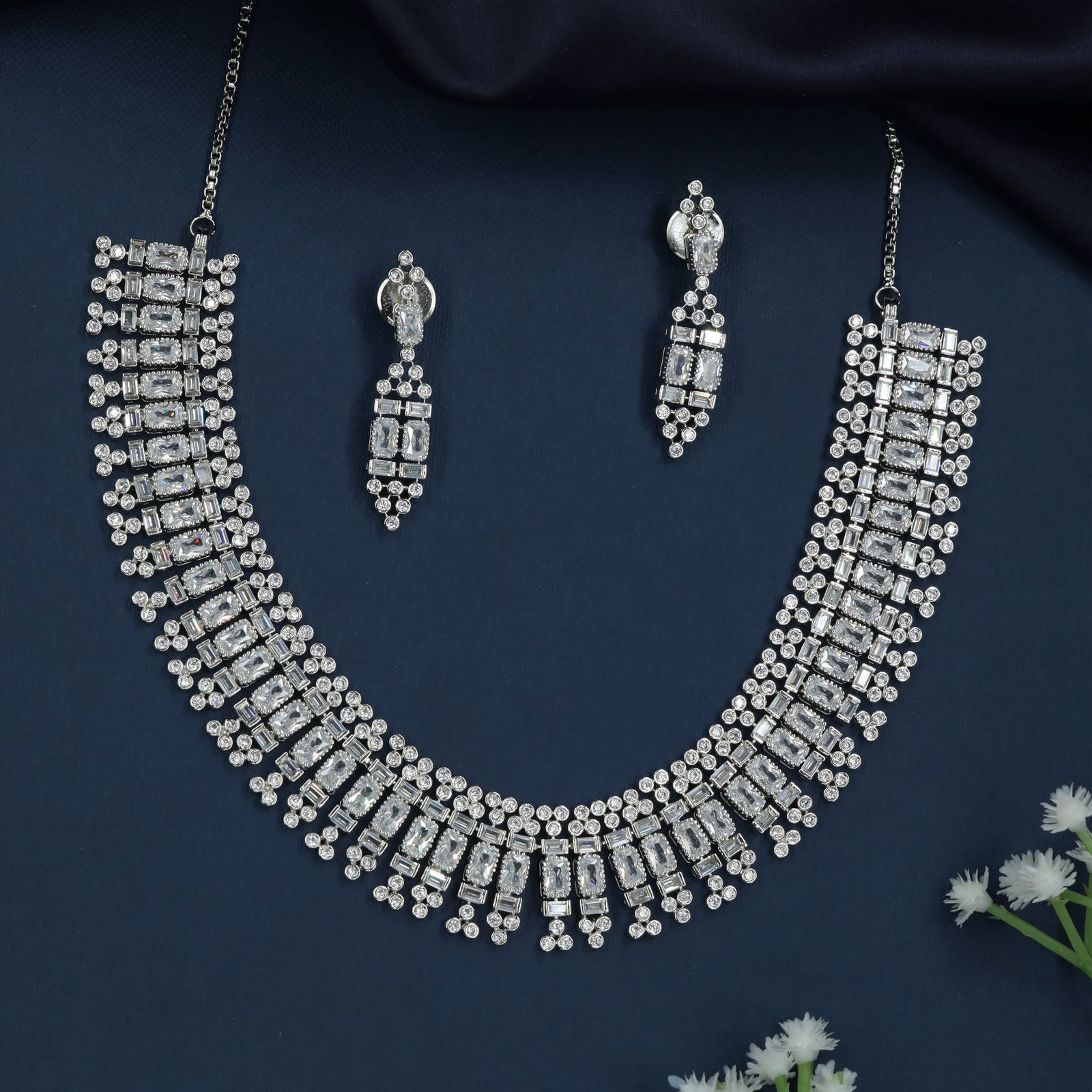 Rectangular Fringe Necklace with Cascading Crystal Borders