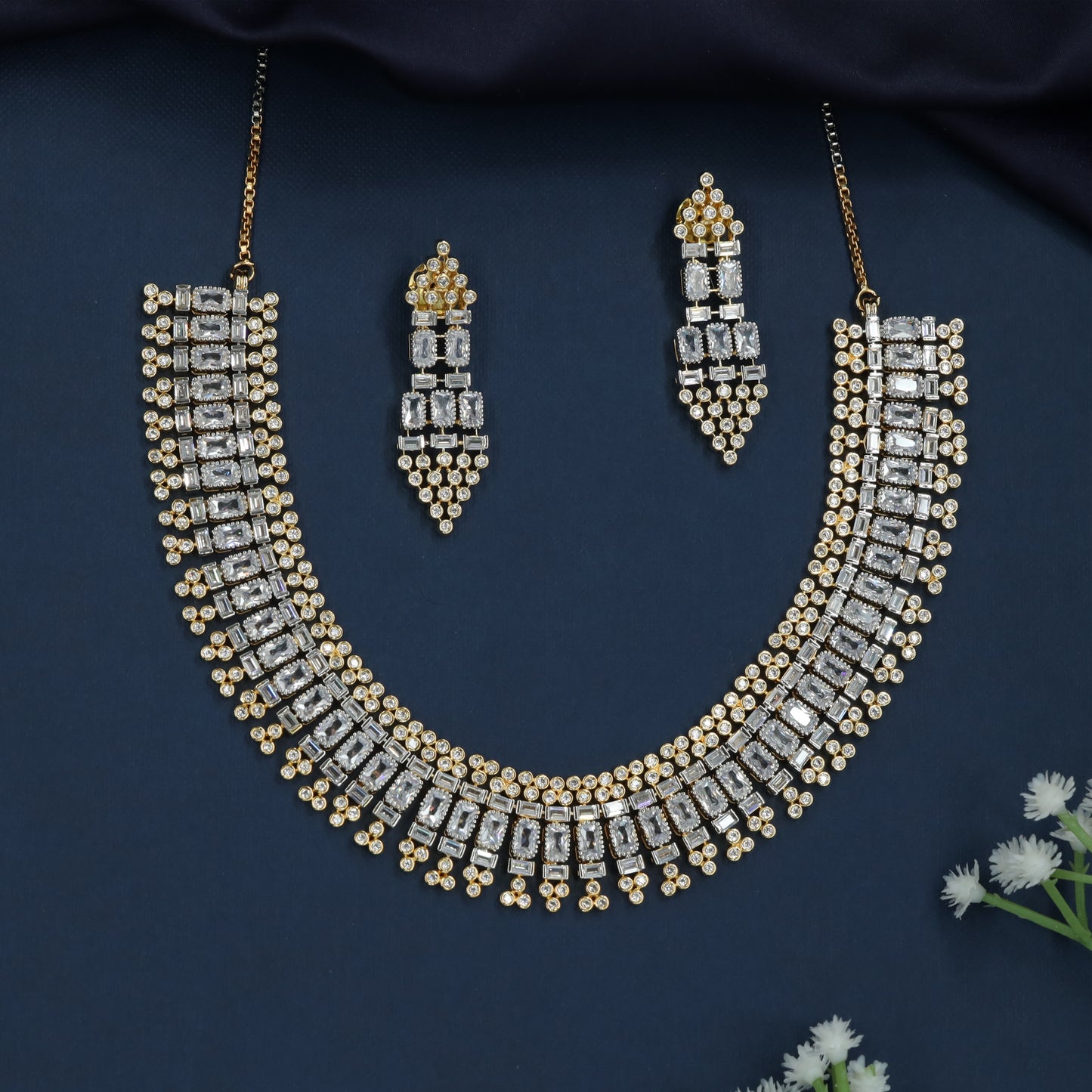 Rectangular Fringe Necklace with Cascading Crystal Borders