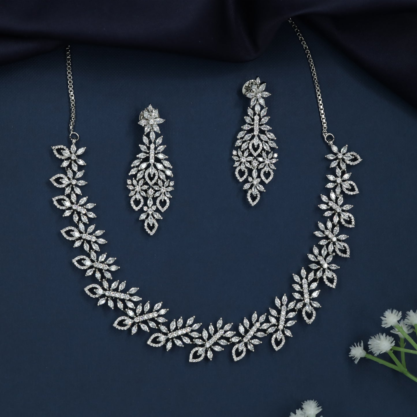 Velvet Garland Rhodium Necklace with Bloom Trail Formation