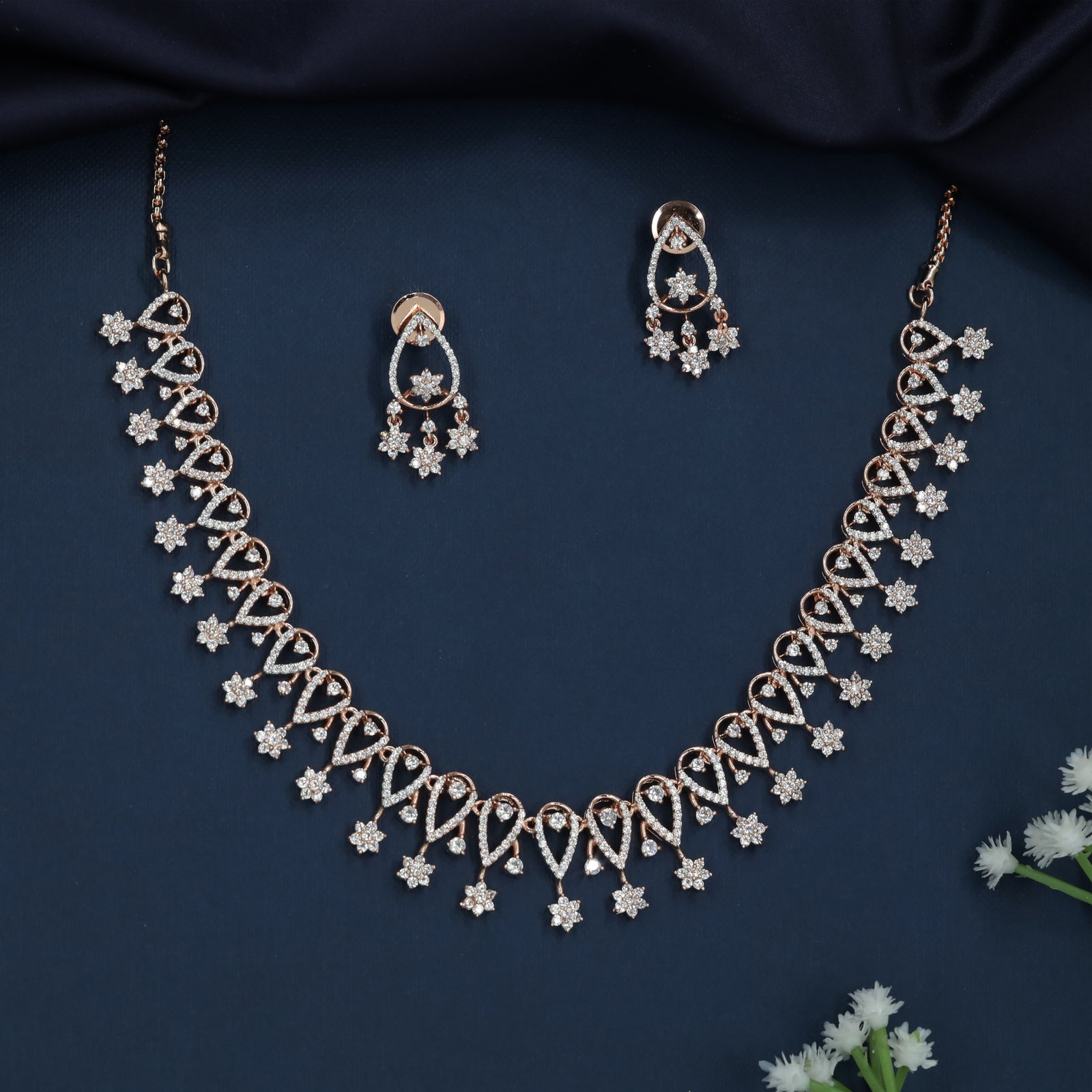 Twisted Heart Rose Gold Necklace with Floral Drop Charms