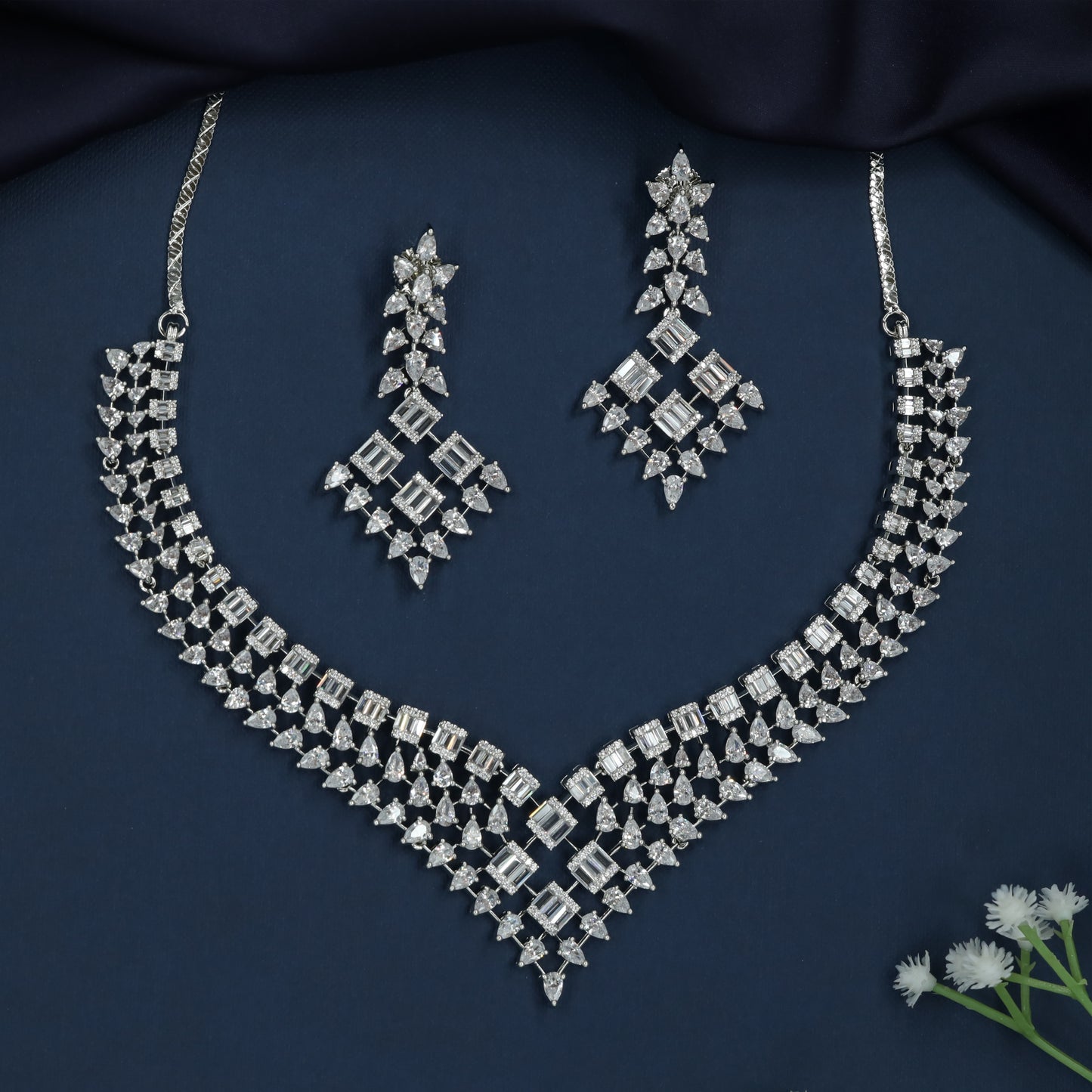 Imperial Grid Rhodium Necklace with Geometric Drop Styling