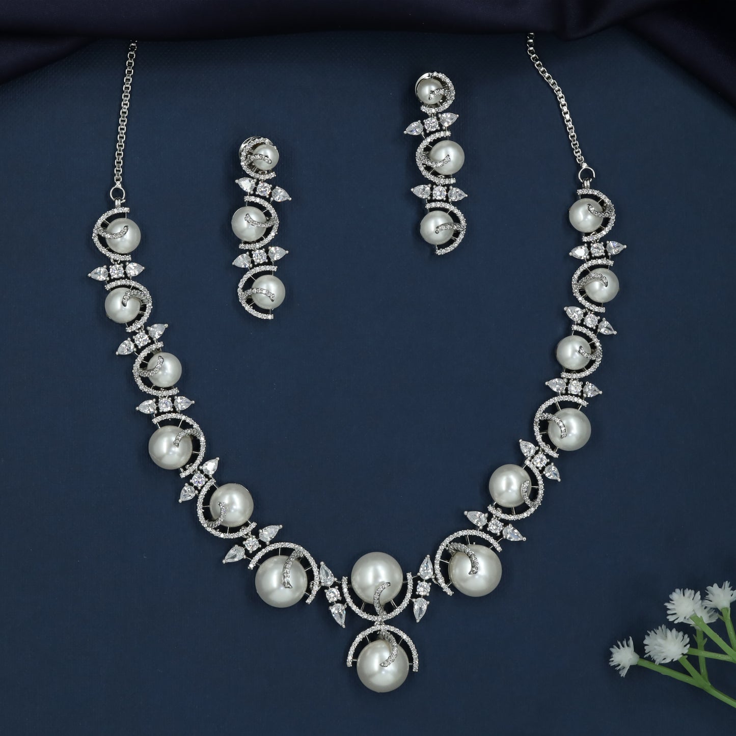 Heritage Pearl Rhodium Necklace with Swirl Border Detailing