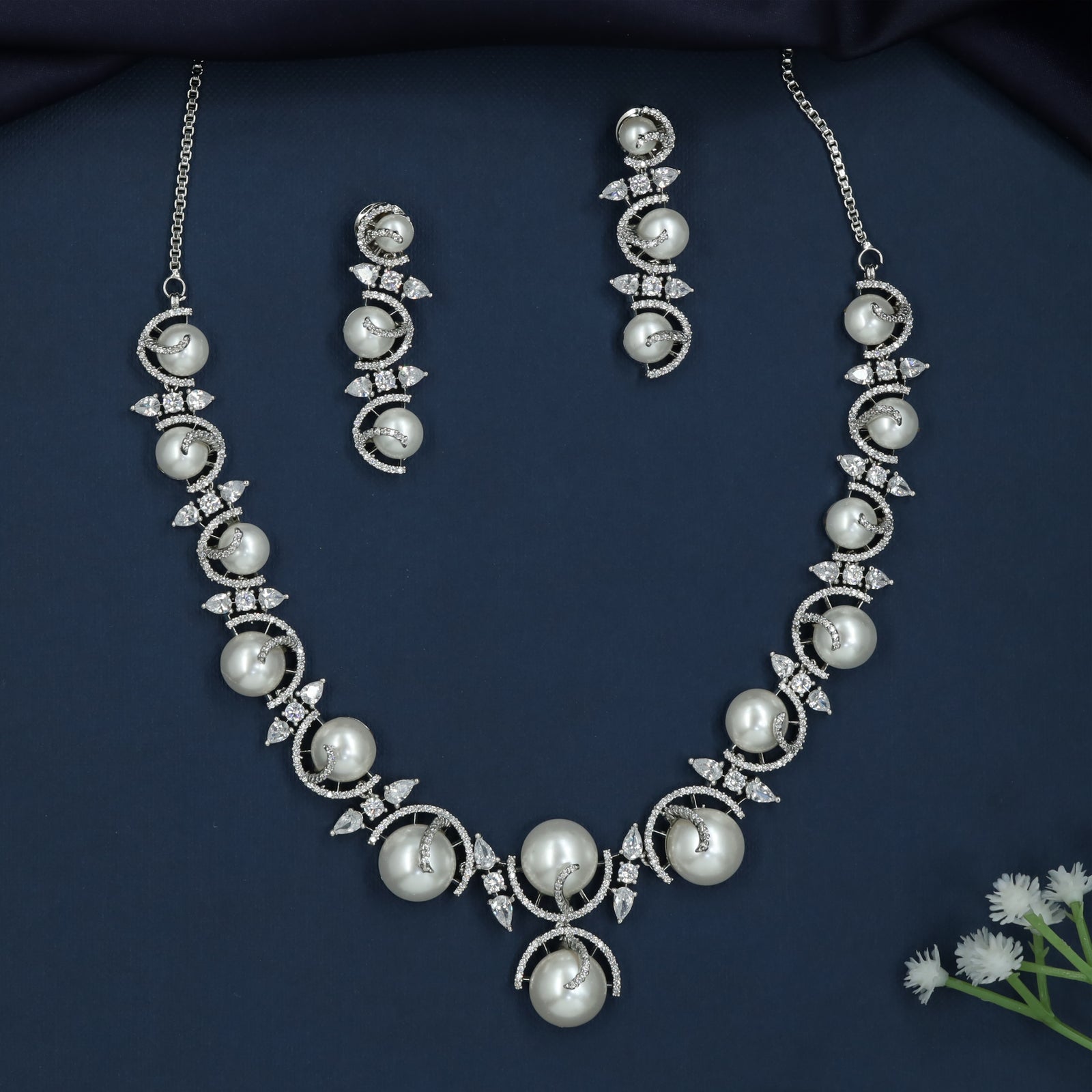 Heritage Pearl Rhodium Necklace with Swirl Border Detailing