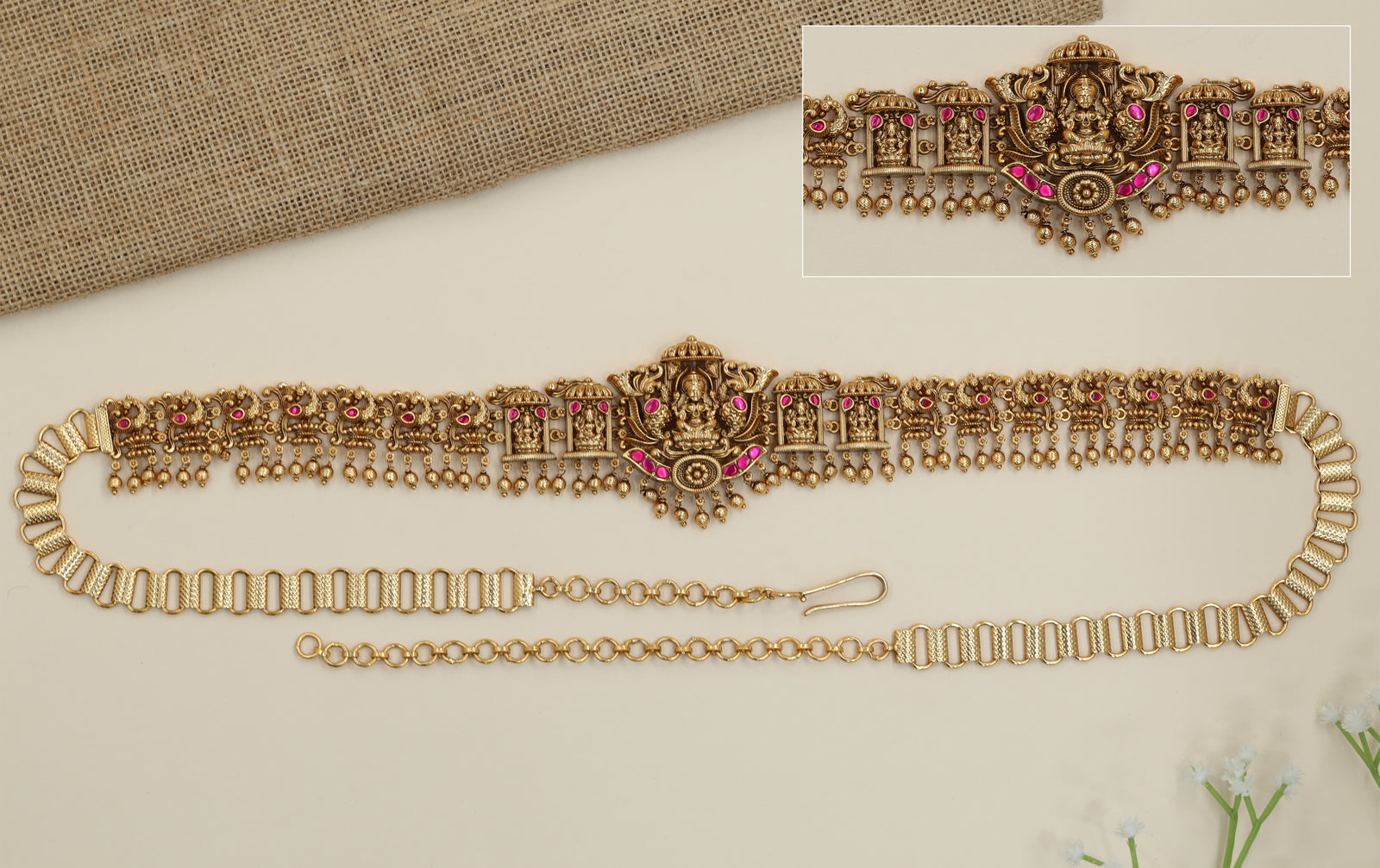 Pendant Shrine Antique Waist Belt with Lakshmi Center and Fringe Drops