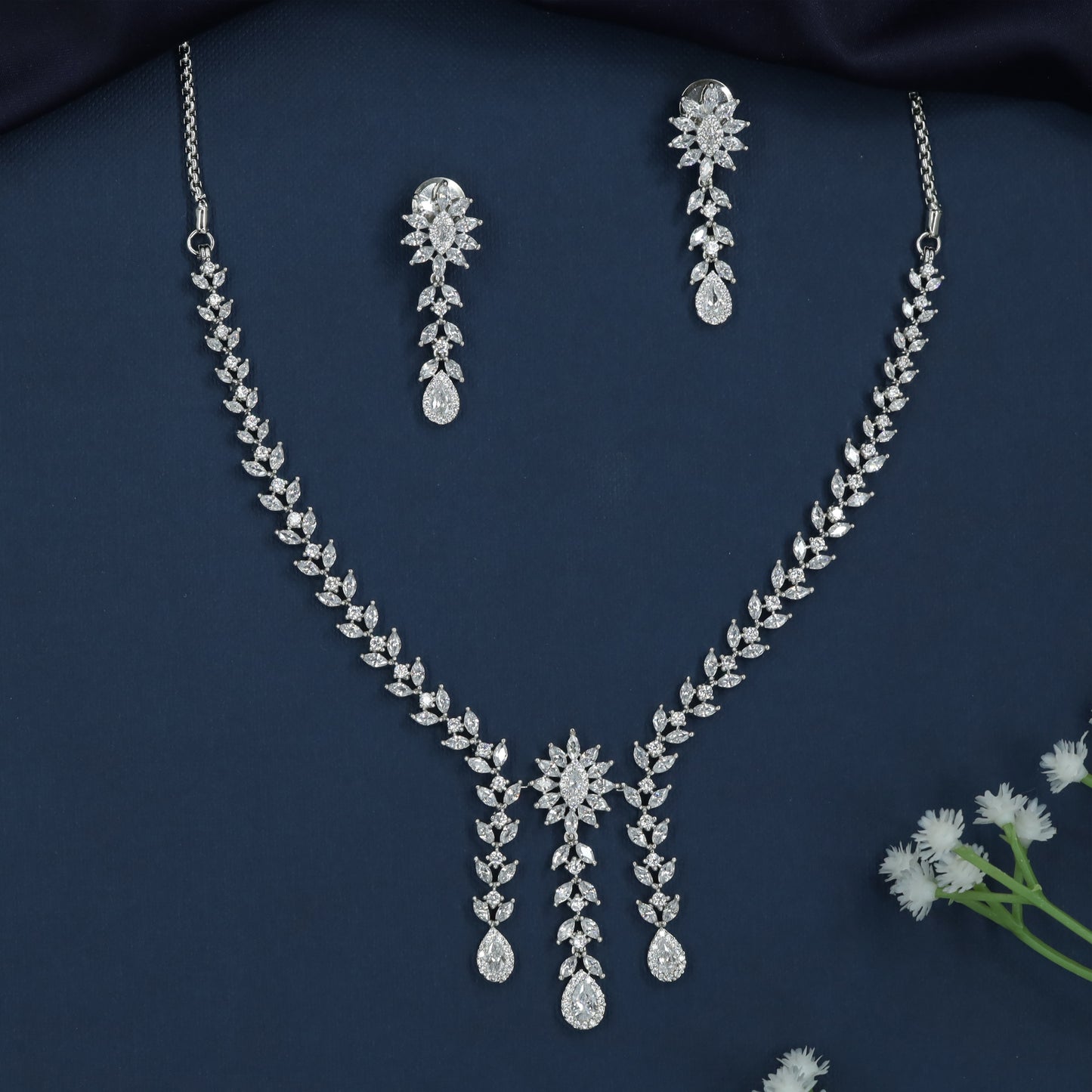 Royal Vine Drop Rhodium Necklace with Floral Centre Pendant