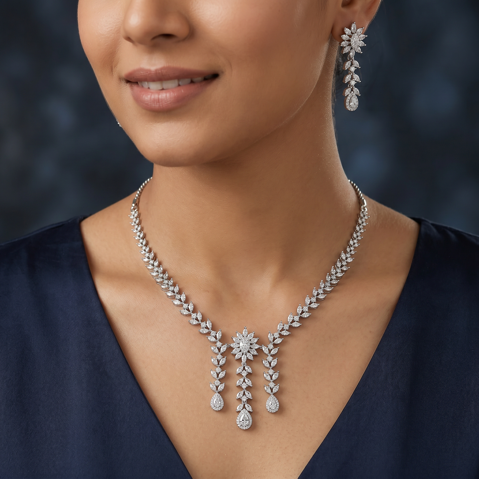 Royal Vine Drop Rhodium Necklace with Floral Centre Pendant