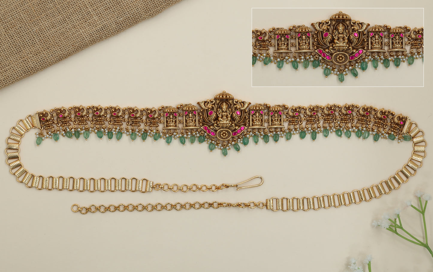 Pendant Shrine Antique Waist Belt with Lakshmi Center and Fringe Drops
