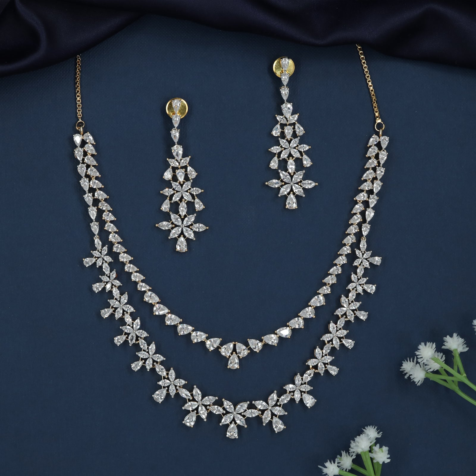 Royal Blossom Curve GJ Necklace with Dual Floral Chain Layout