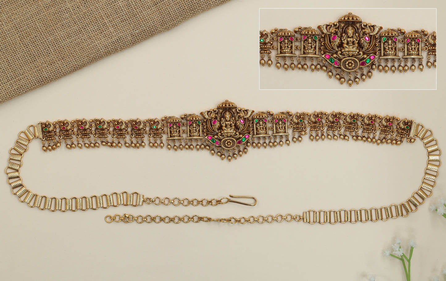 Pendant Shrine Antique Waist Belt with Lakshmi Center and Fringe Drops