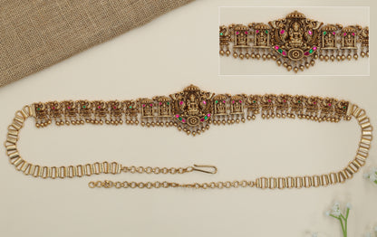 Pendant Shrine Antique Waist Belt with Lakshmi Center and Fringe Drops