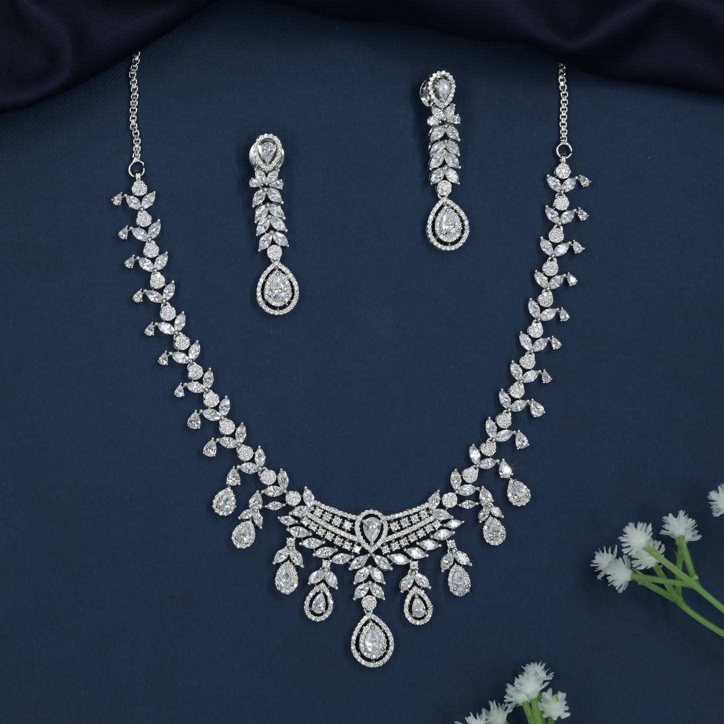 Luxury Vine Border Rhodium Necklace with Graduated Pendant Ends