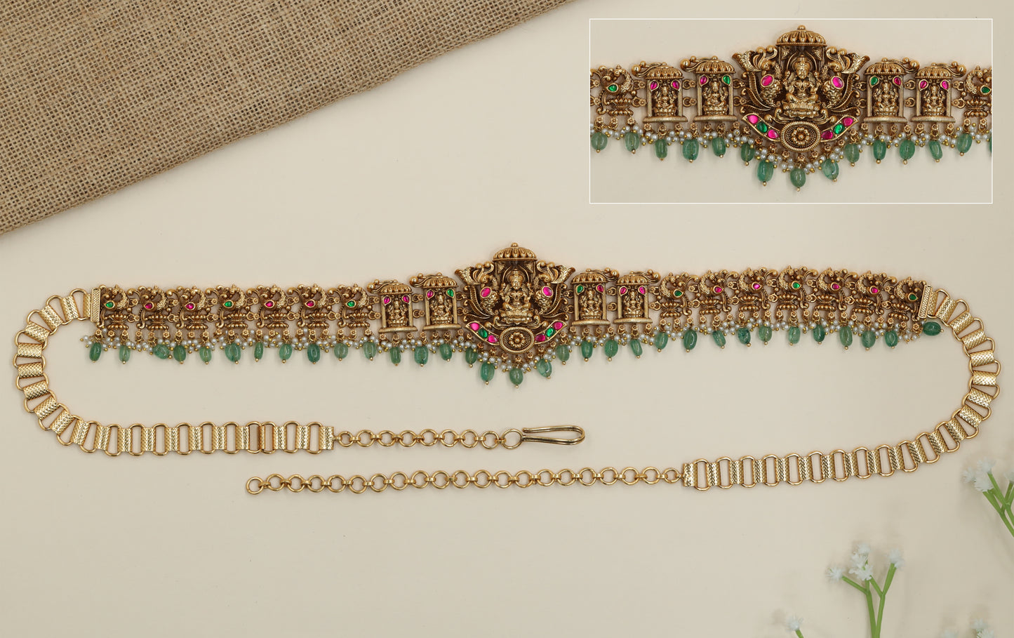 Pendant Shrine Antique Waist Belt with Lakshmi Center and Fringe Drops
