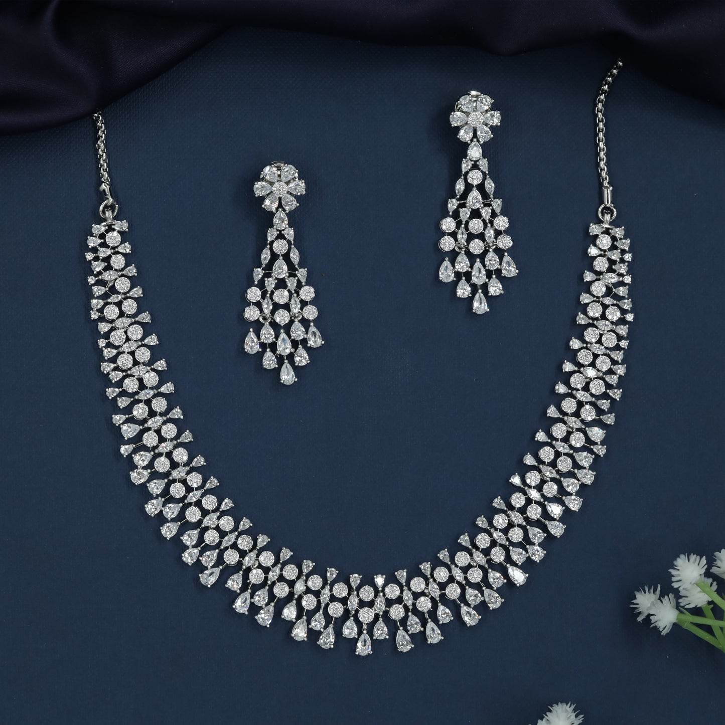 Premium Floral Arch Rhodium Necklace with Graduated Hanging Ends