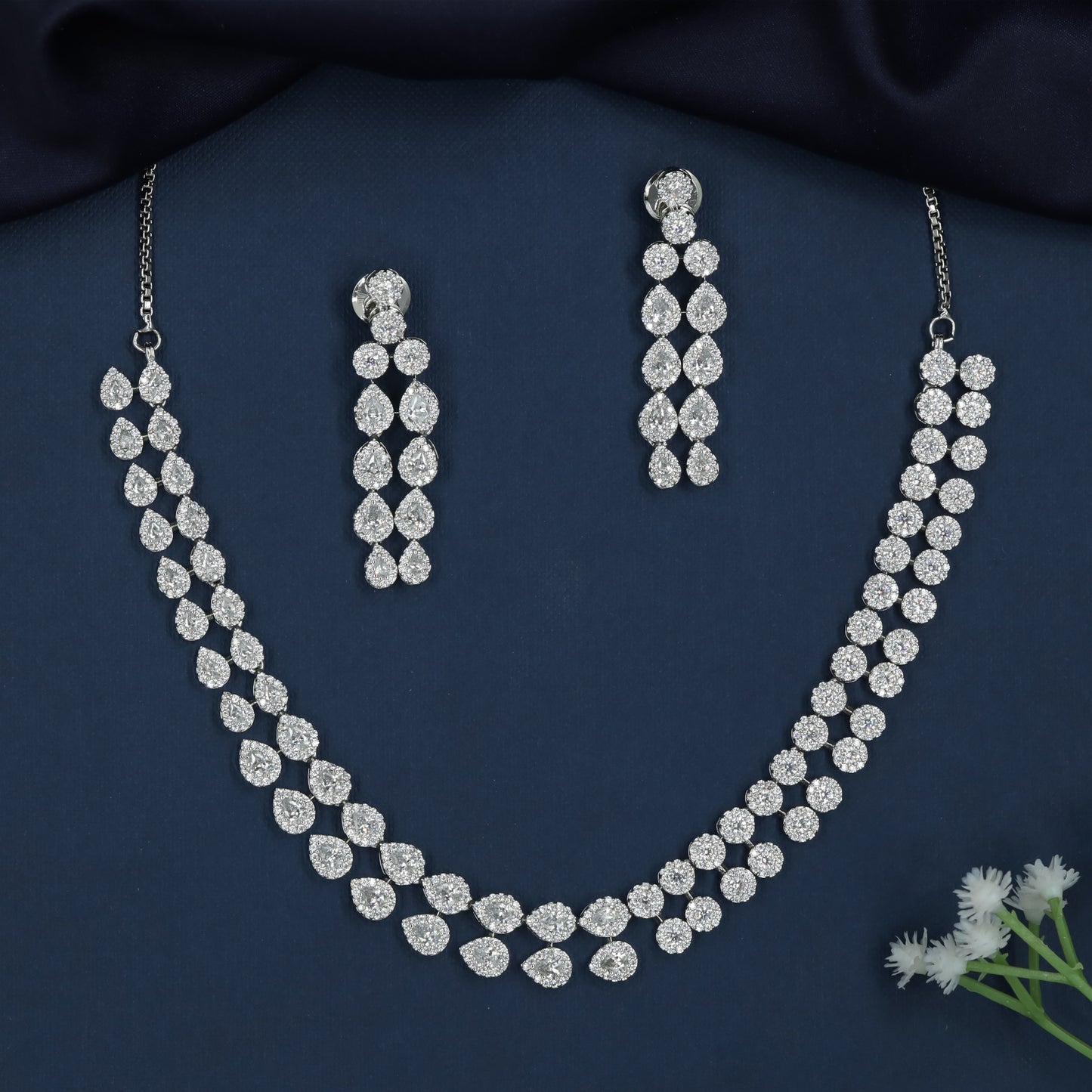 Grand Twin Border Rhodium Necklace with Decorative Curve Detailing