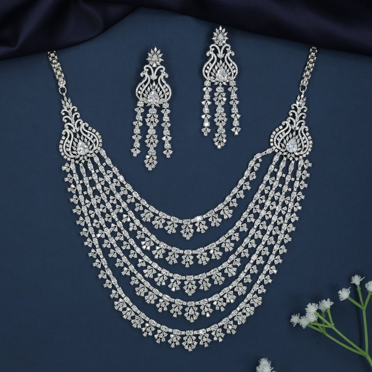 Celestial Swing Border Rhodium Necklace with Decorative Drape Detailing