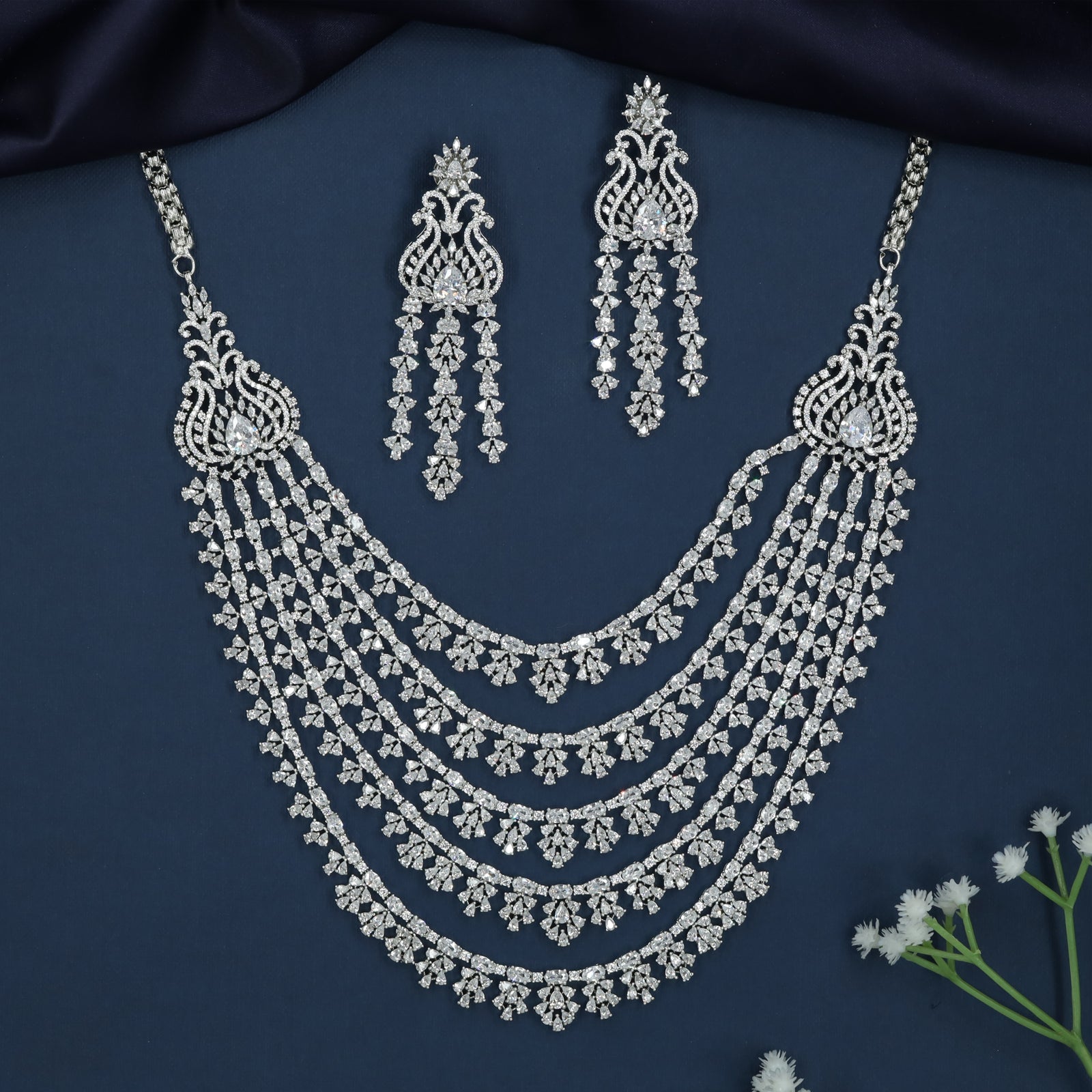 Celestial Swing Border Rhodium Necklace with Decorative Drape Detailing