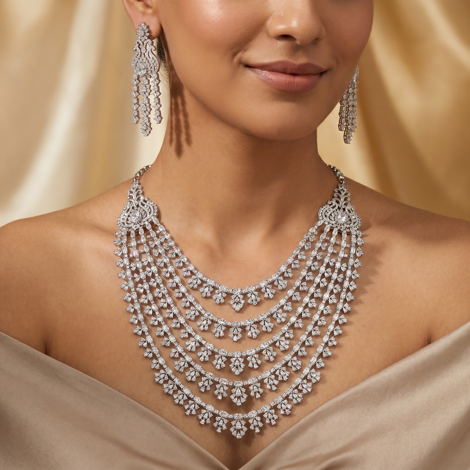 Celestial Swing Border Rhodium Necklace with Decorative Drape Detailing