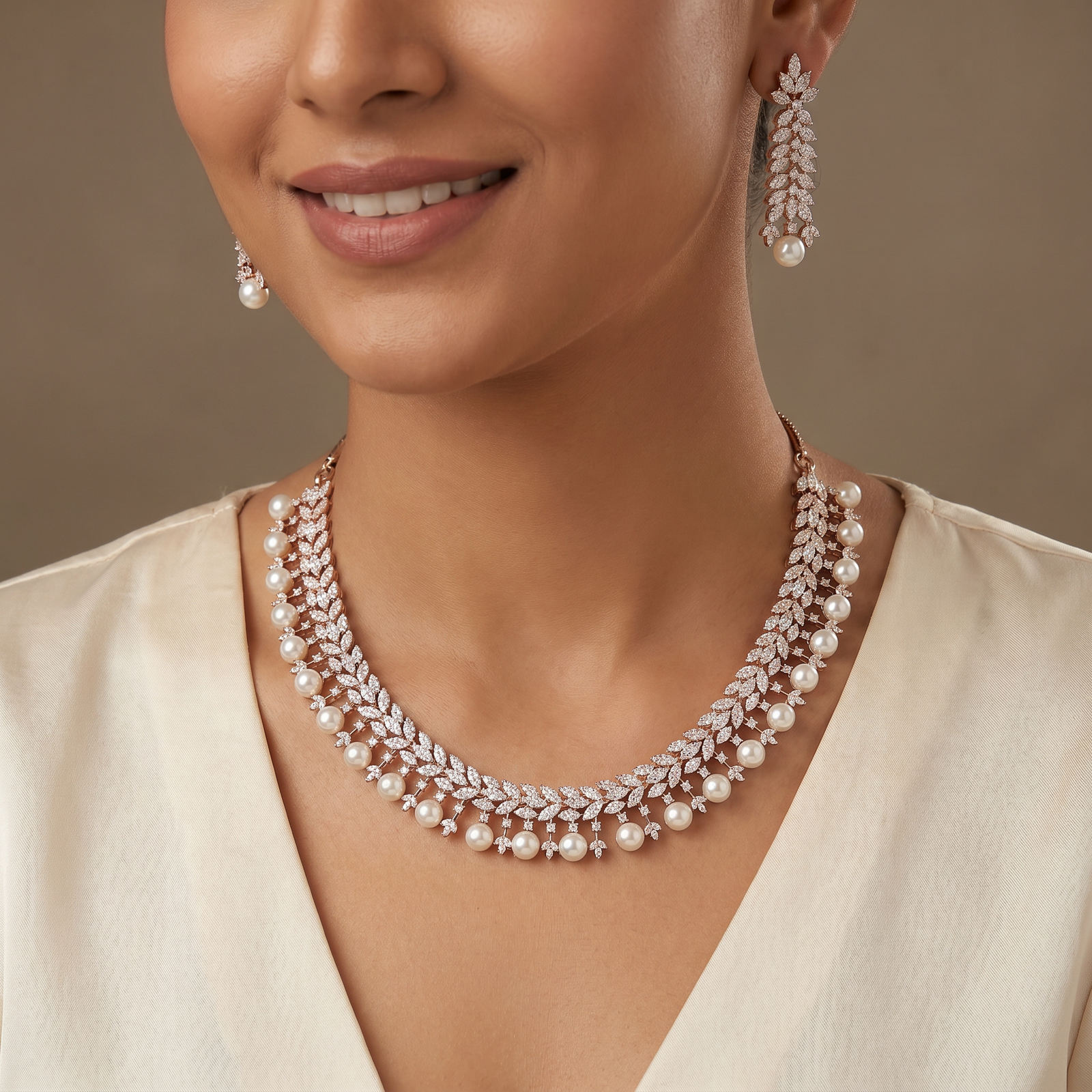 Pearl Rose Gold Necklace with Dense Chevron Pattern