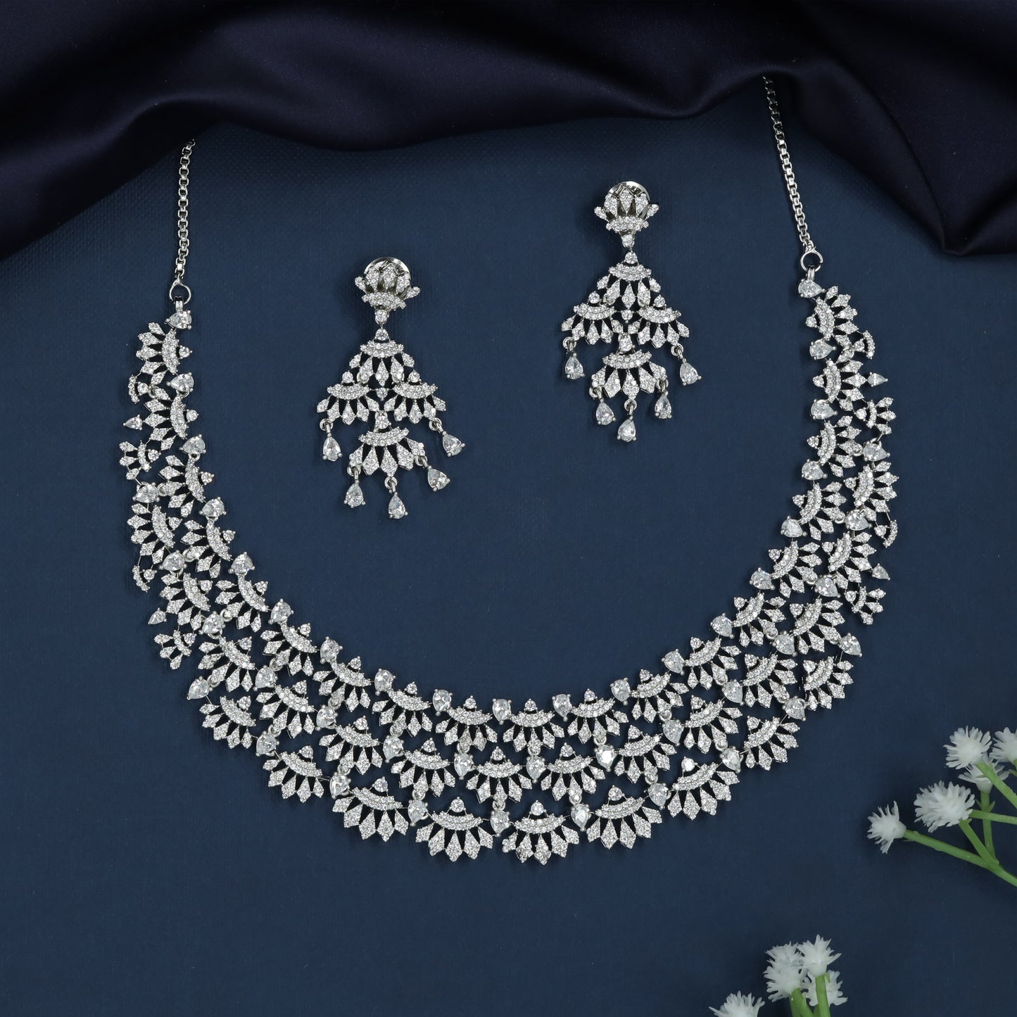 Vine Curve Rhodium Necklace with Decorative Fringe Layout
