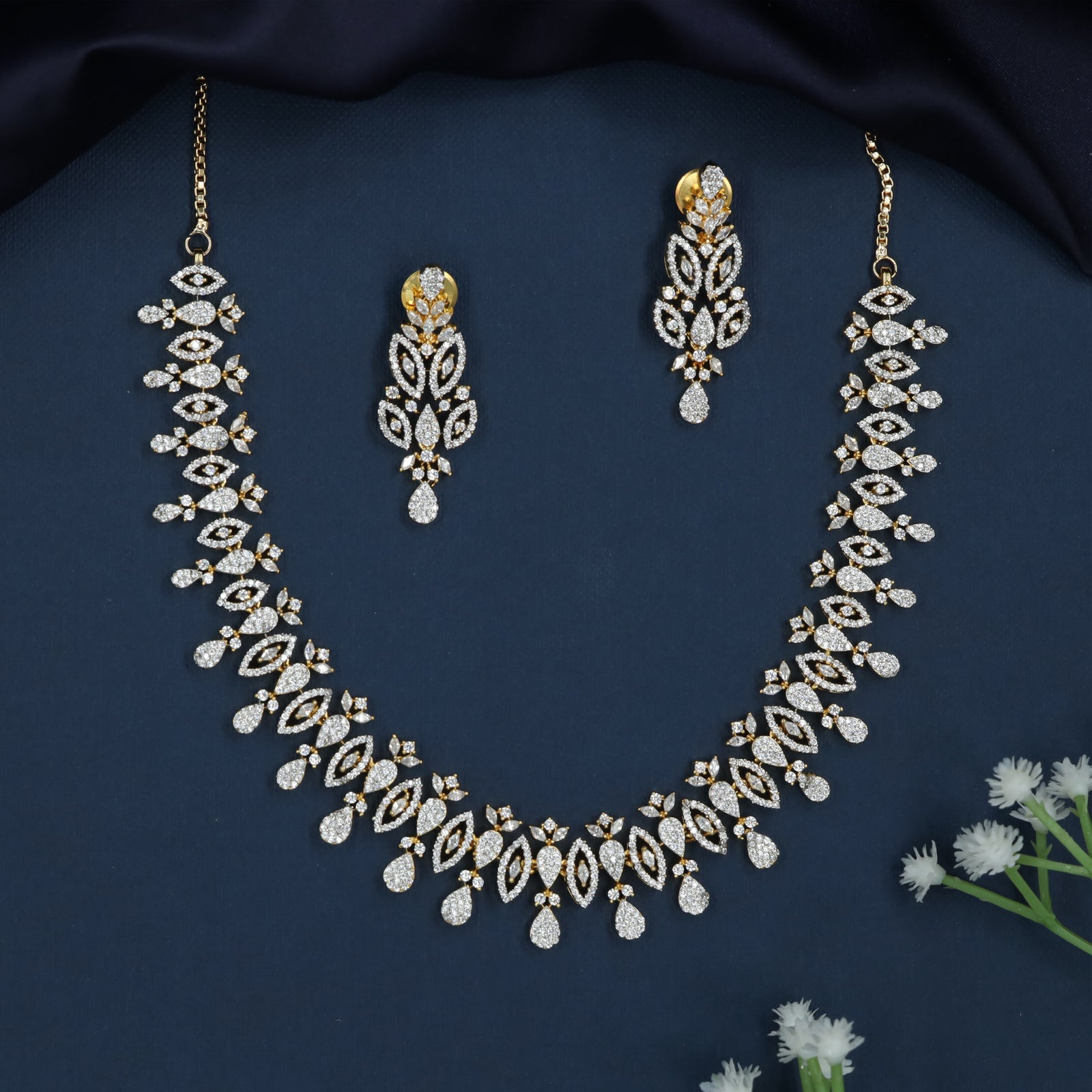 Floral Eyelet GJ Necklace with Hanging Drop Border