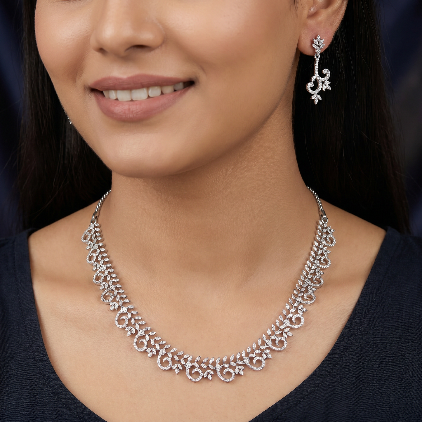Marquise Swirl Flow Rhodium Necklace with Compact Leaf Placement