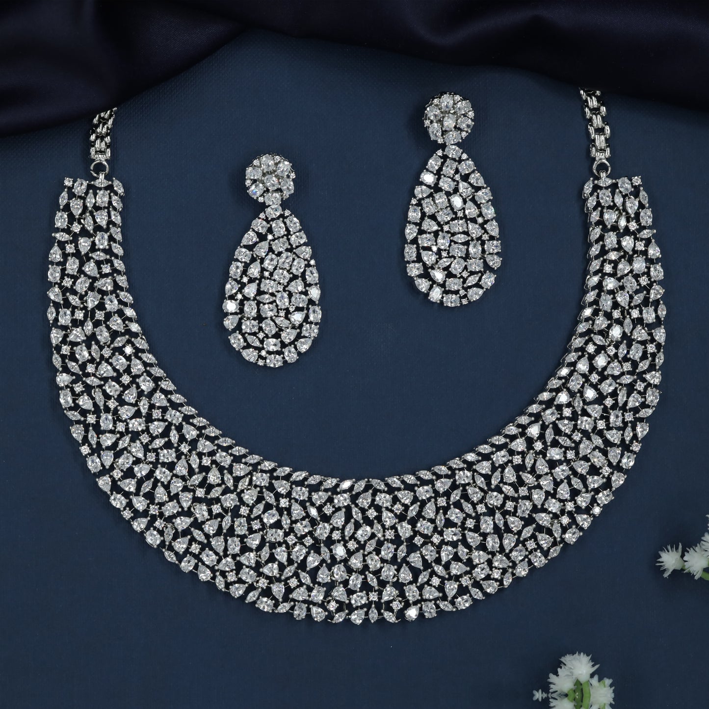 Grand Cluster Curve Rhodium Necklace with Compact Hanging Styling