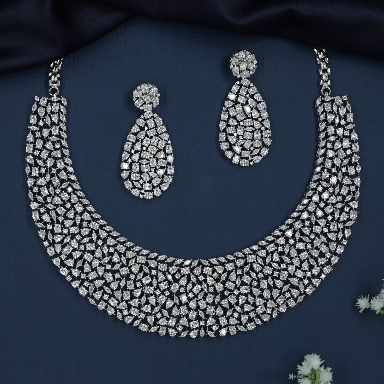 Grand Cluster Curve Rhodium Necklace with Compact Hanging Styling