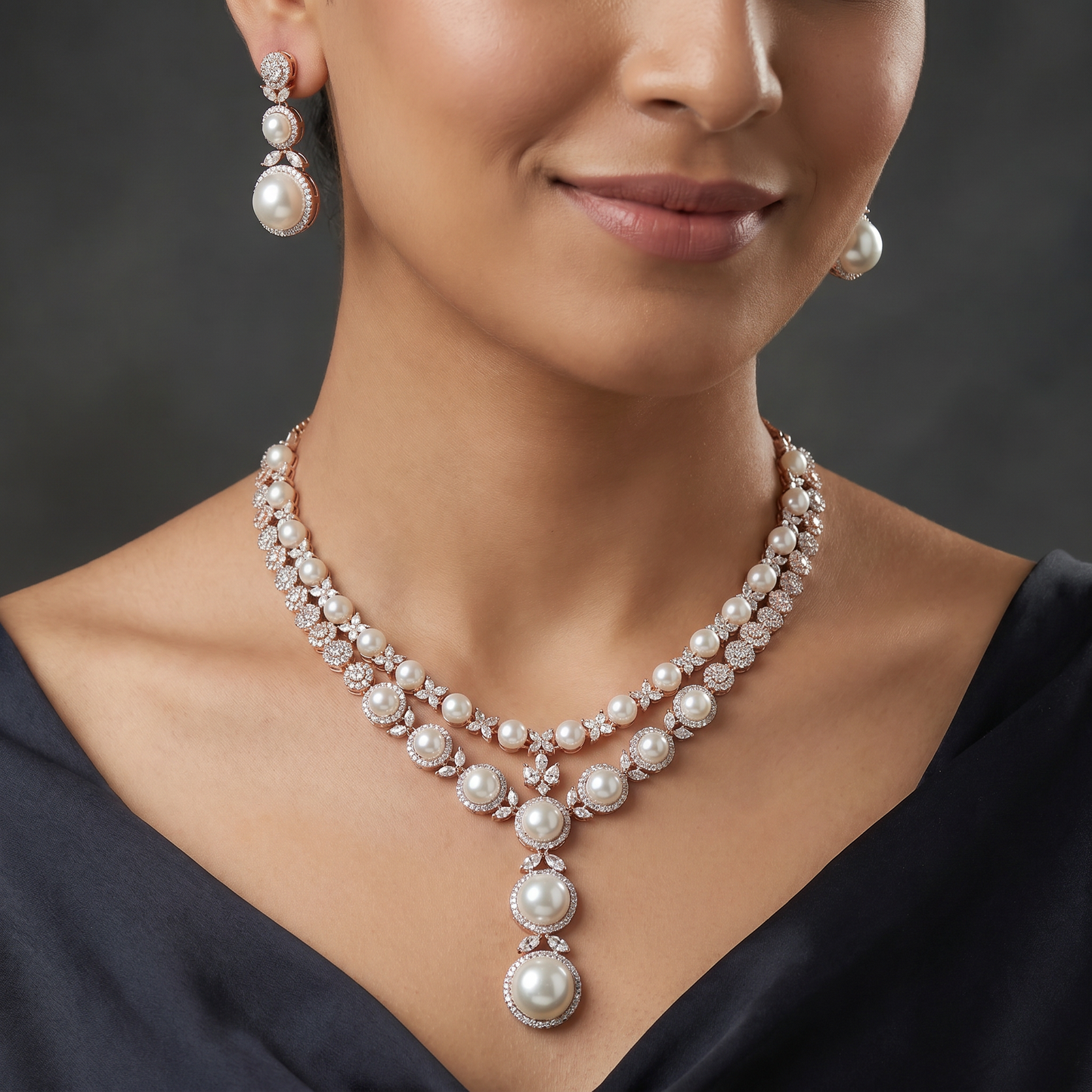 Woven Drop Rose Gold Necklace with Rounded Pendant Formation