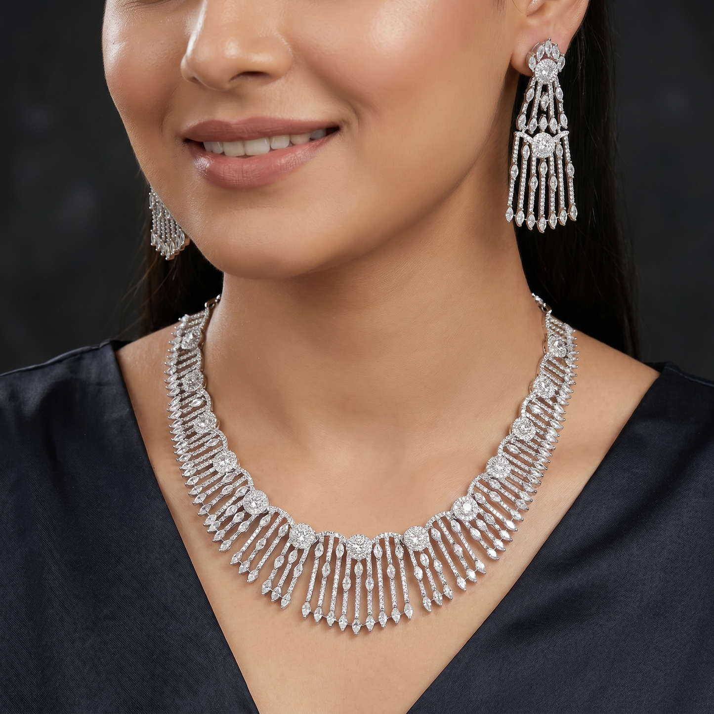 Garland Drape Rhodium Necklace with Cascading Linear Drops